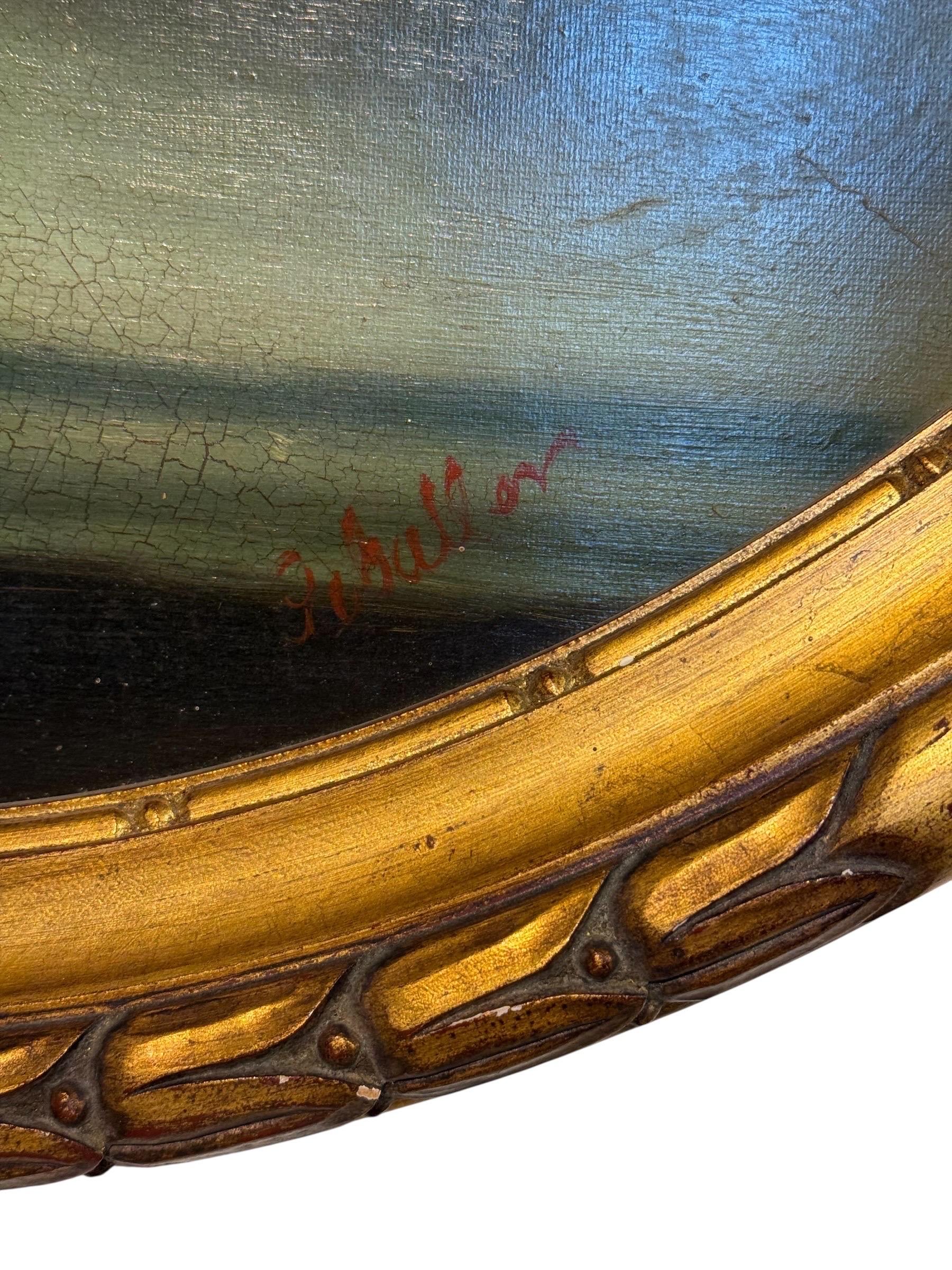Nature morte florale avec perroquet, huile ovale sur panneau, signée, fin du 19e s. en vente 1
