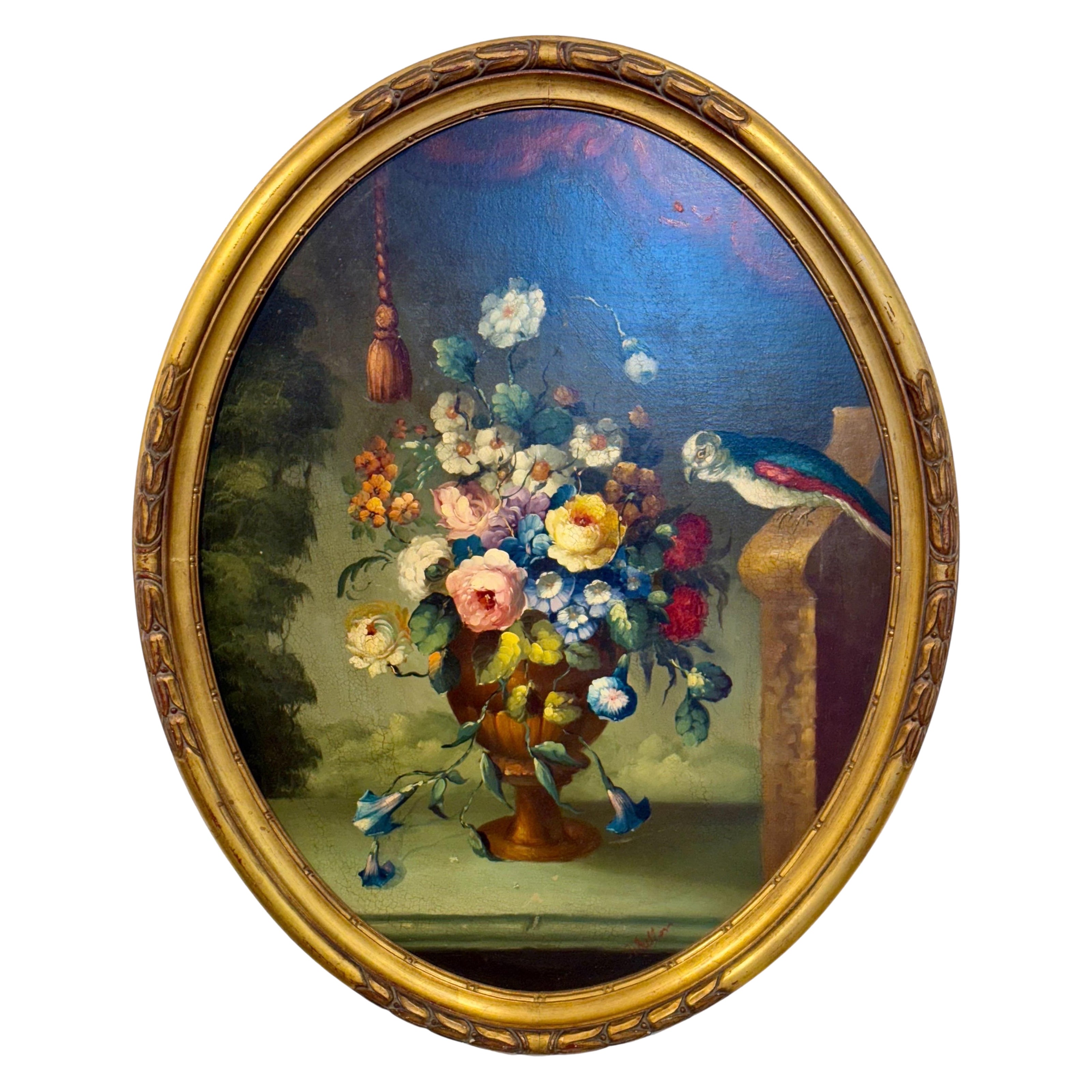 Nature morte florale avec perroquet, huile ovale sur panneau, signée, fin du 19e s. en vente