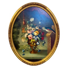 Nature morte florale avec perroquet, huile ovale sur panneau, signée, fin du 19e s.