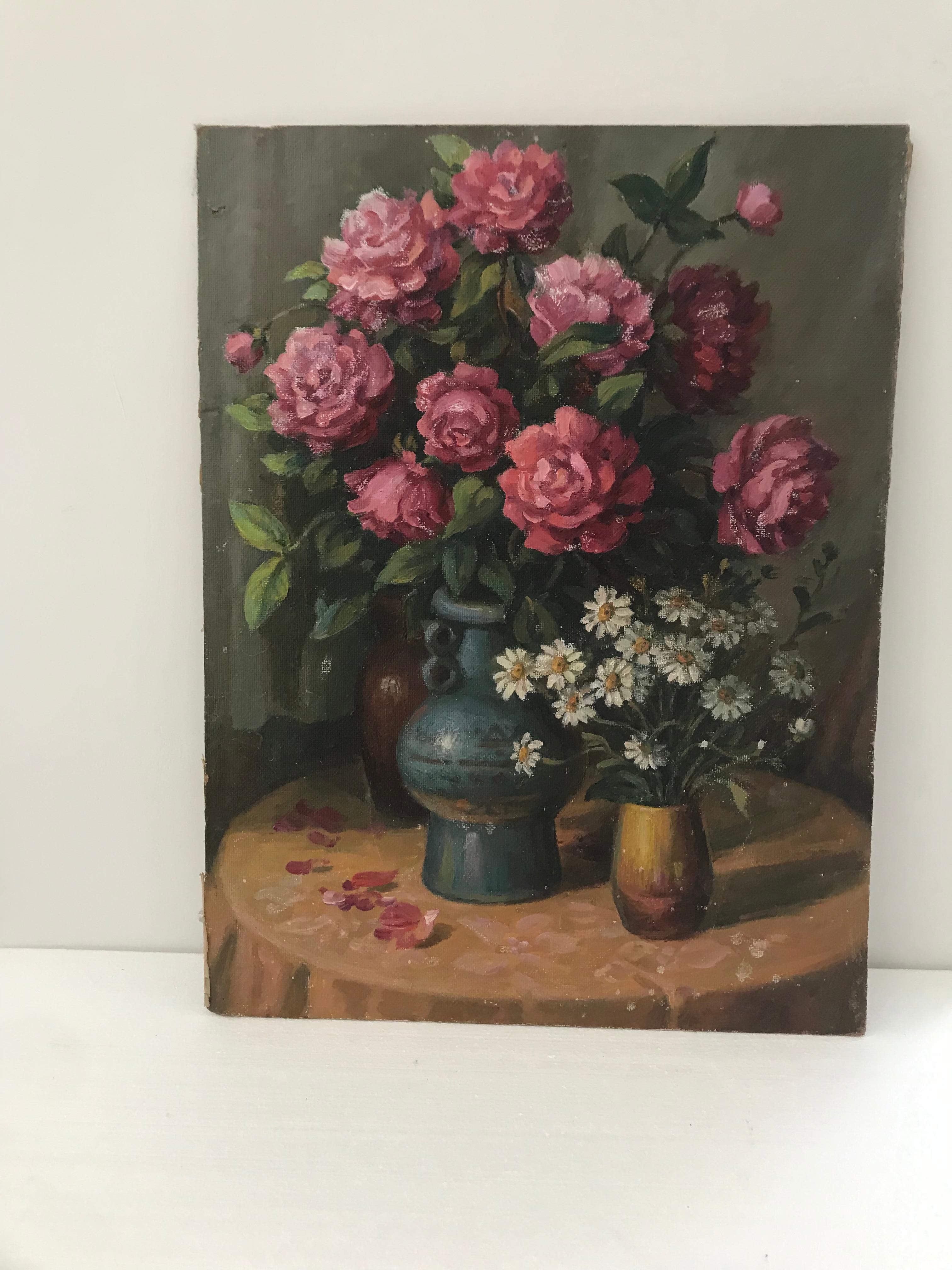 Oil on board painting of roses.