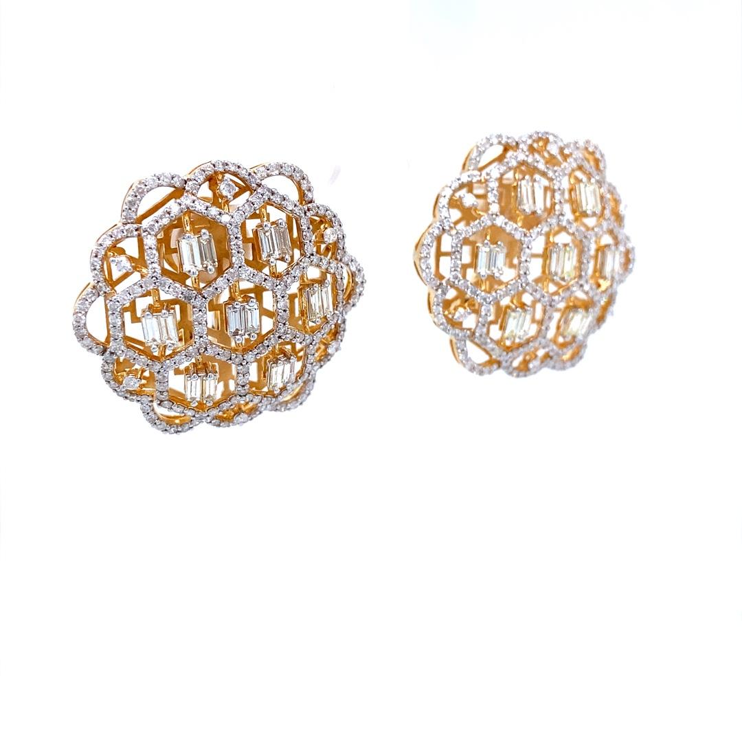 Art Deco Floral Stud Earrings with Baguettes & Round Diamonds set in 18k Solid Gold For Sale