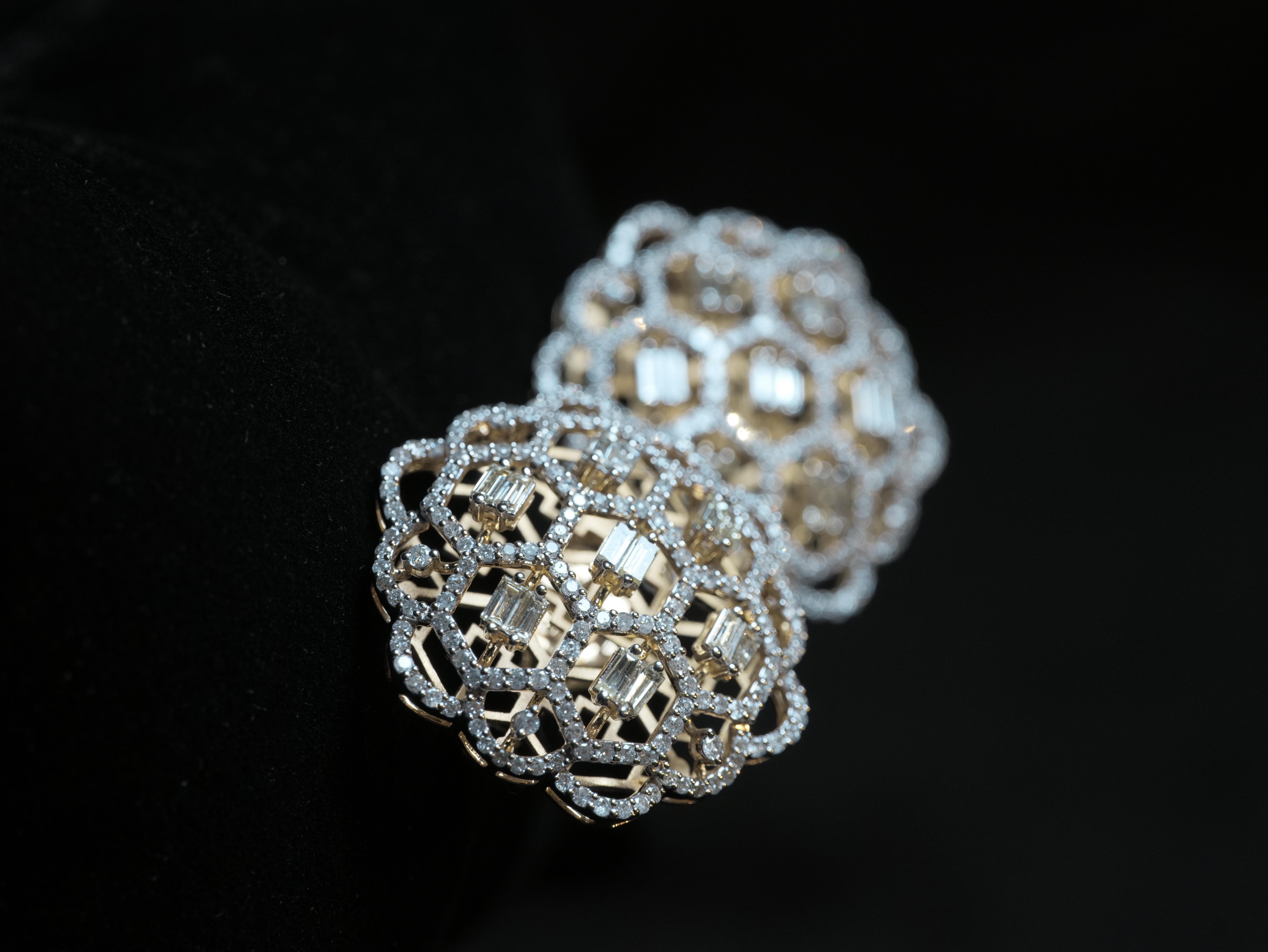 Floral Stud Earrings with Baguettes & Round Diamonds set in 18k Solid Gold For Sale 2