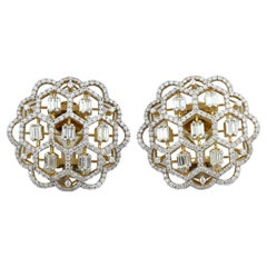Floral Stud Earrings with Baguettes & Round Diamonds set in 18k Solid Gold