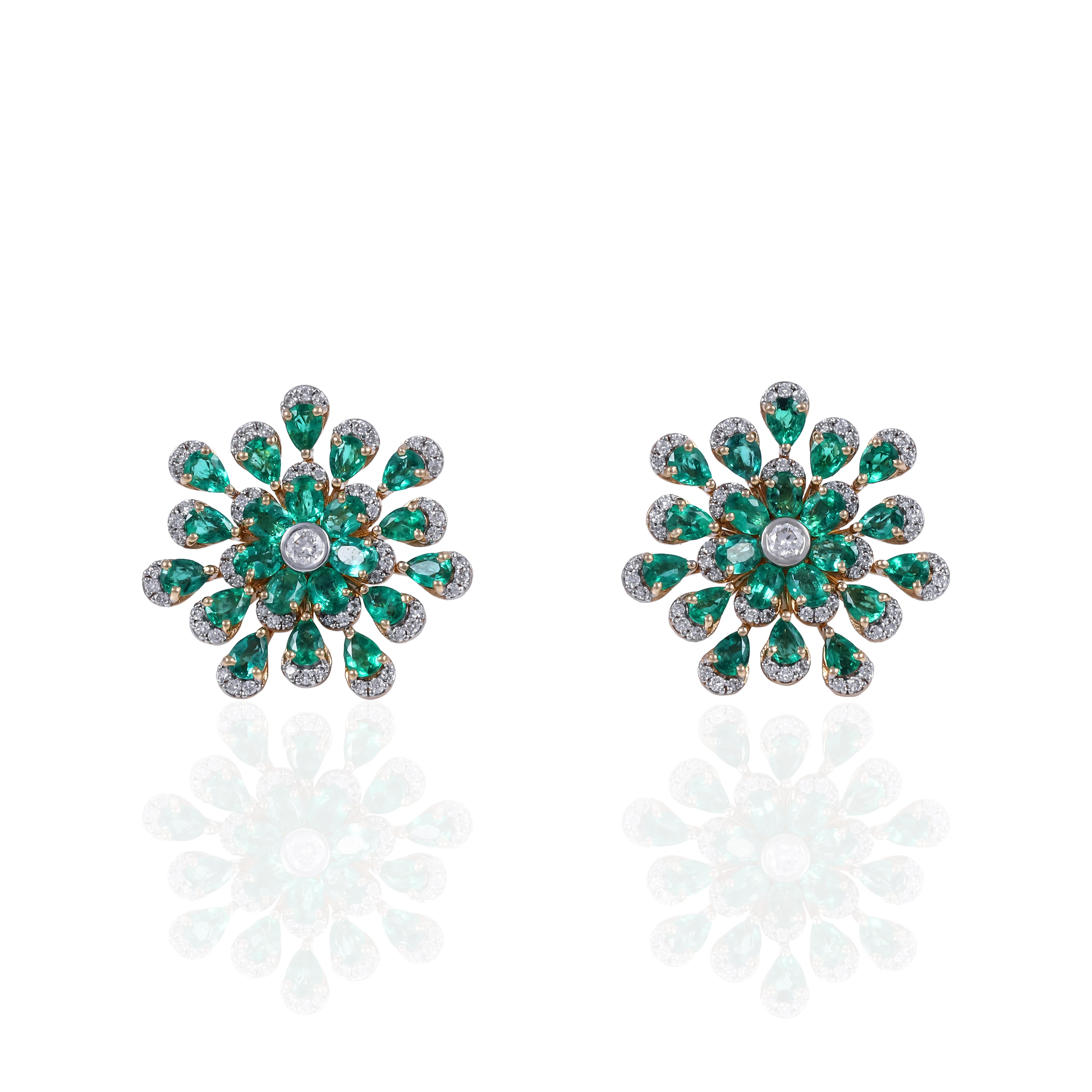 Pear Cut Floral stud tops beautifully curated in 18 karat Gold with Emeralds and Diamonds For Sale