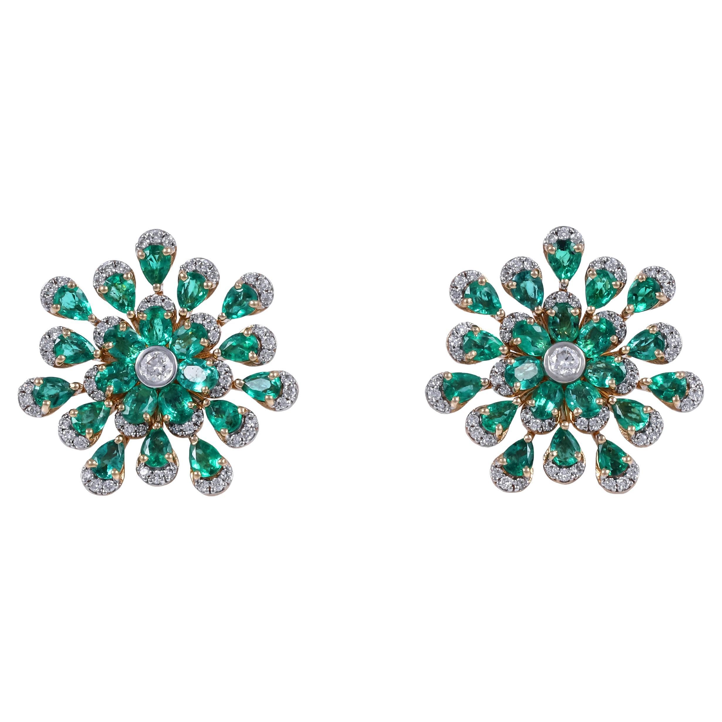 Floral stud tops beautifully curated in 18 karat Gold with Emeralds and Diamonds For Sale