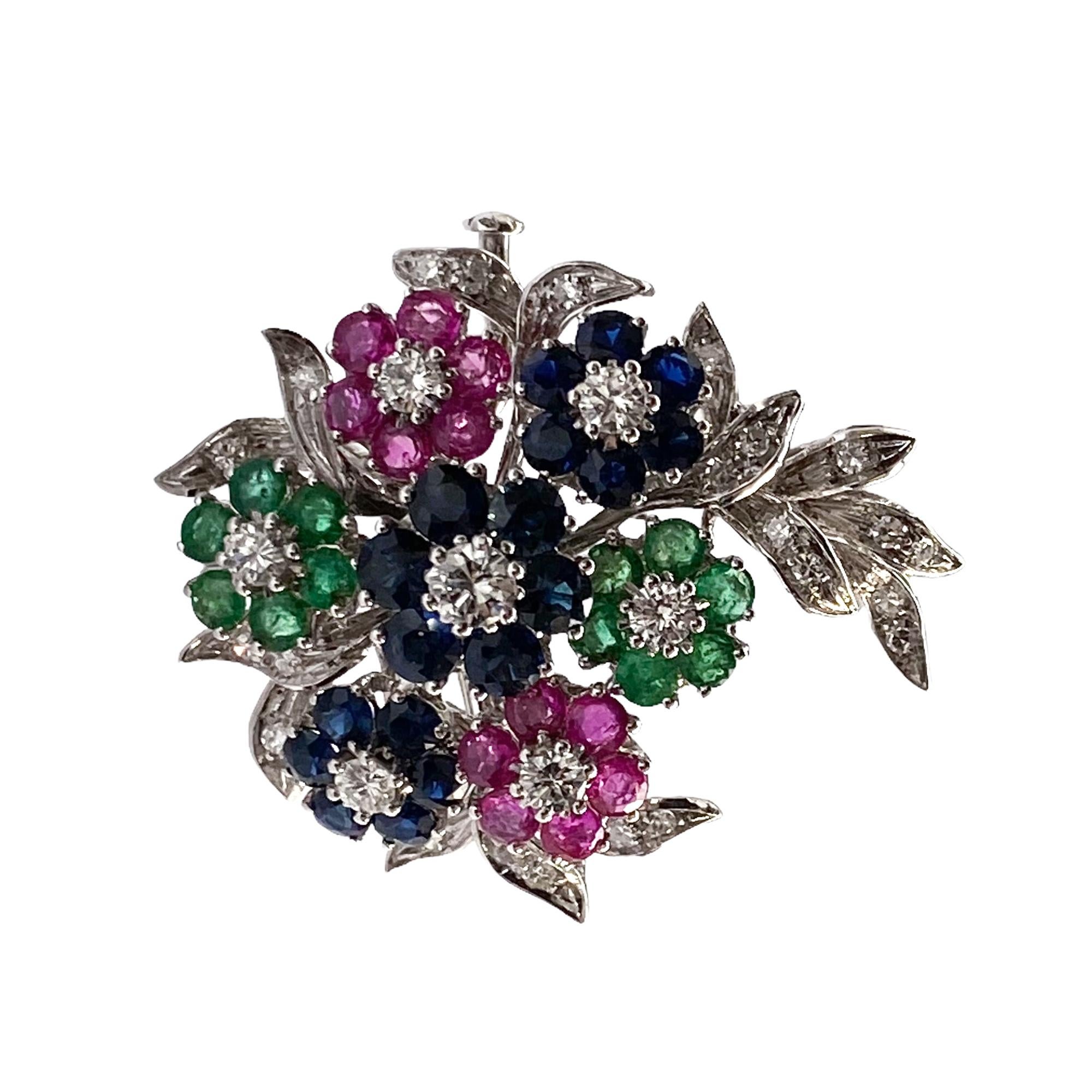Retro Floral Style Brooch with Diamonds, Rubys, Sapphires, Emeralds, 18kt White Gold For Sale