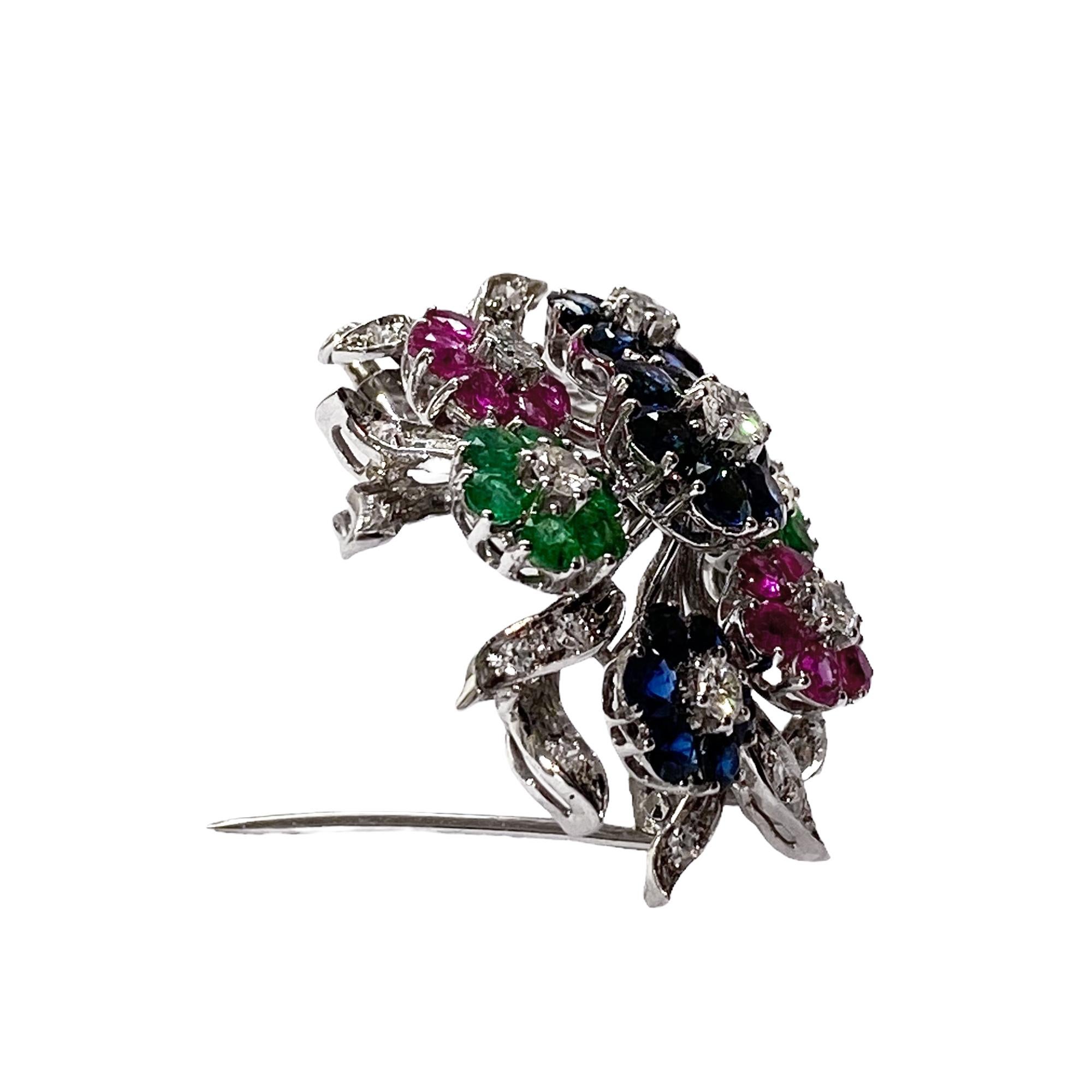 Brilliant Cut Floral Style Brooch with Diamonds, Rubys, Sapphires, Emeralds, 18kt White Gold For Sale