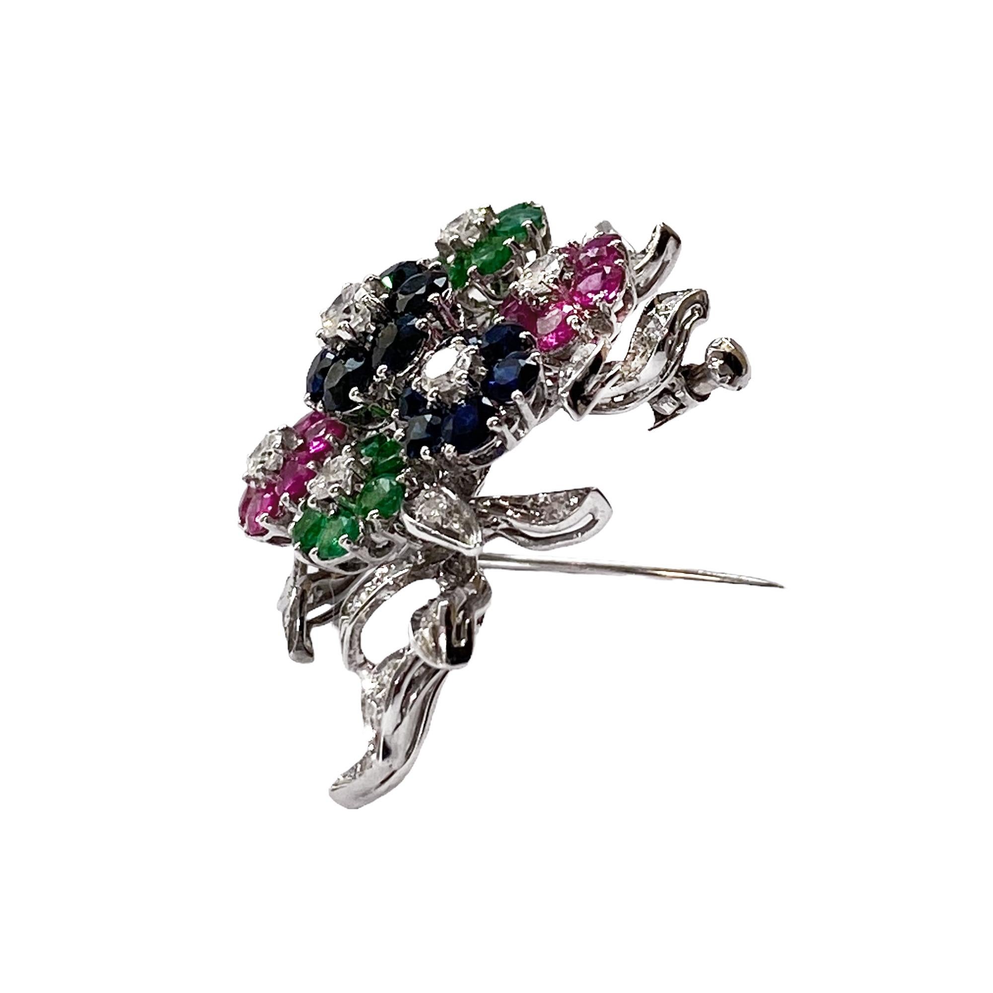 Floral Style Brooch with Diamonds, Rubys, Sapphires, Emeralds, 18kt White Gold In Good Condition For Sale In Vicenza, VI