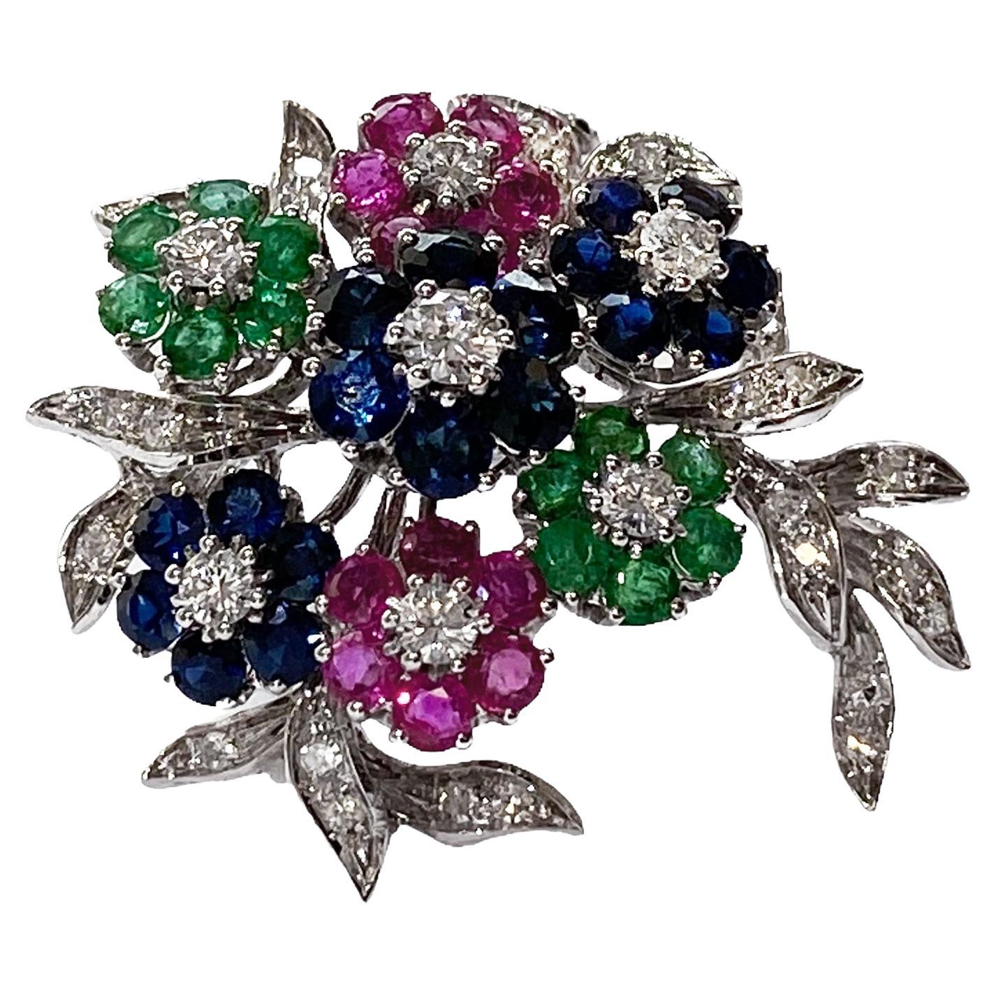 Floral Style Brooch with Diamonds, Rubys, Sapphires, Emeralds, 18kt White Gold For Sale