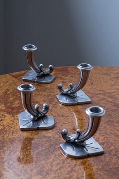 Floral Swedish modern Pewter candleholders by GAB, 1951, two pairs