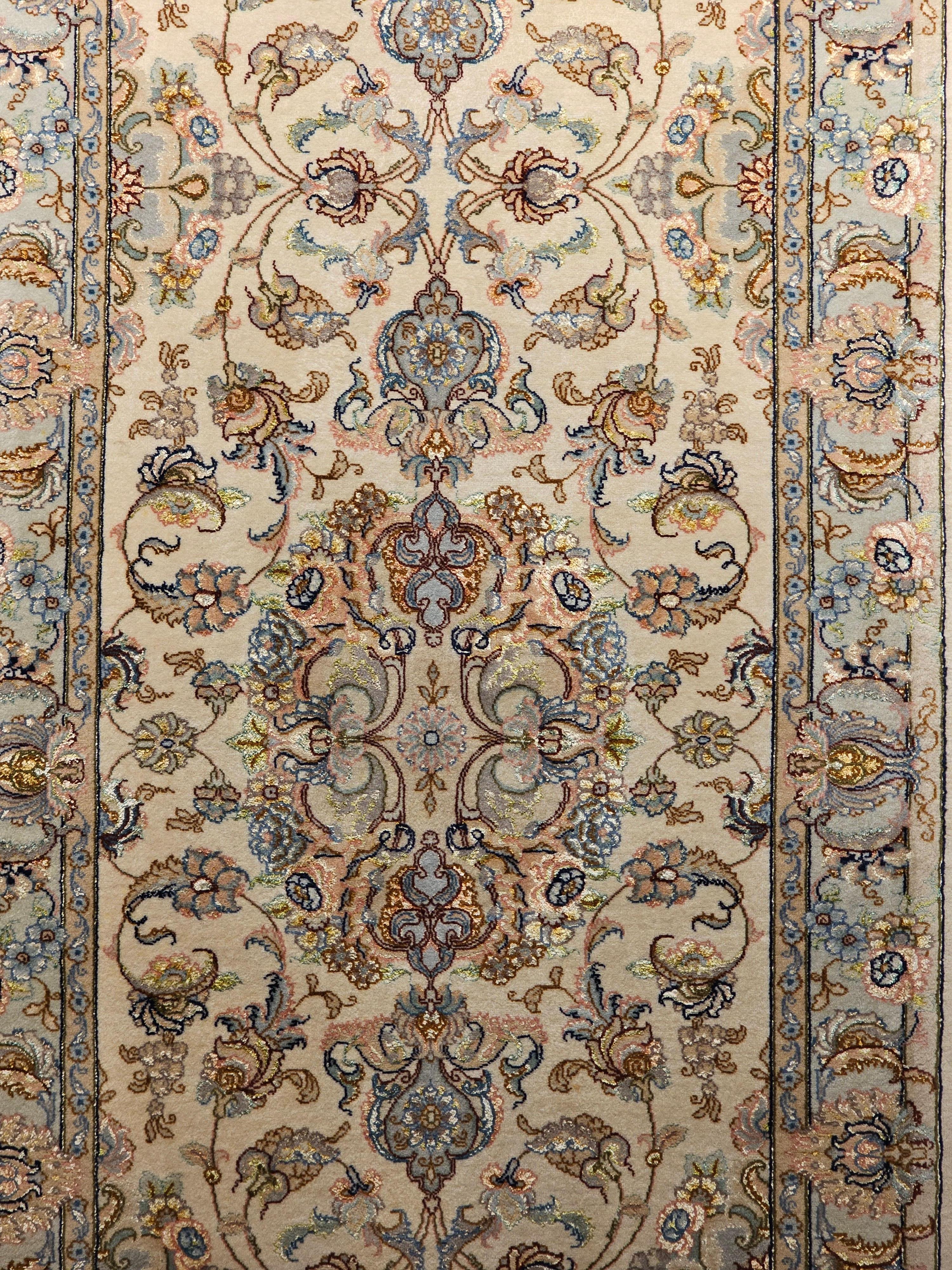 Persian Tabriz Runner in Medallion Floral Pattern in Ivory, Pale Blue, and Sage In Excellent Condition For Sale In Barrington, IL