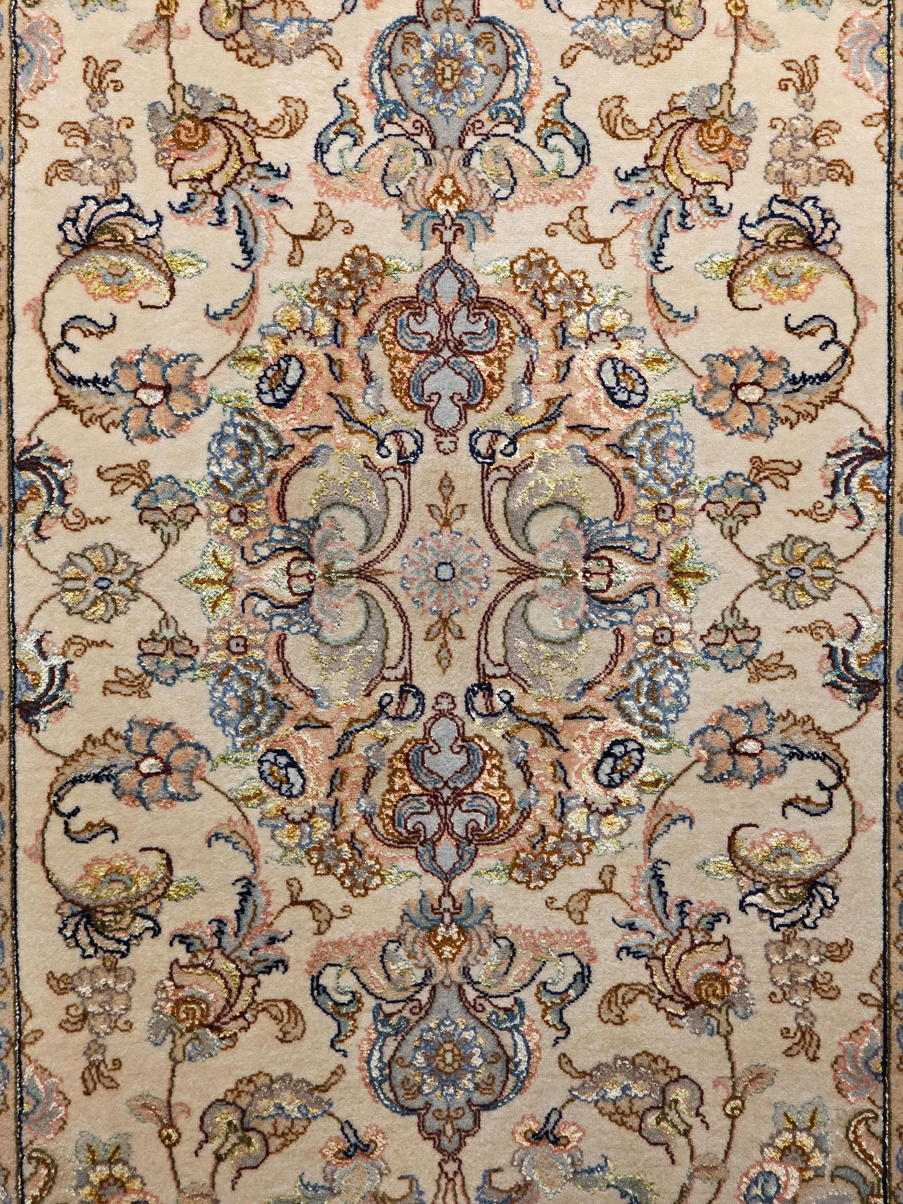 Persian Tabriz Runner in Medallion Floral Pattern in Ivory, Pale Blue, and Sage For Sale 1