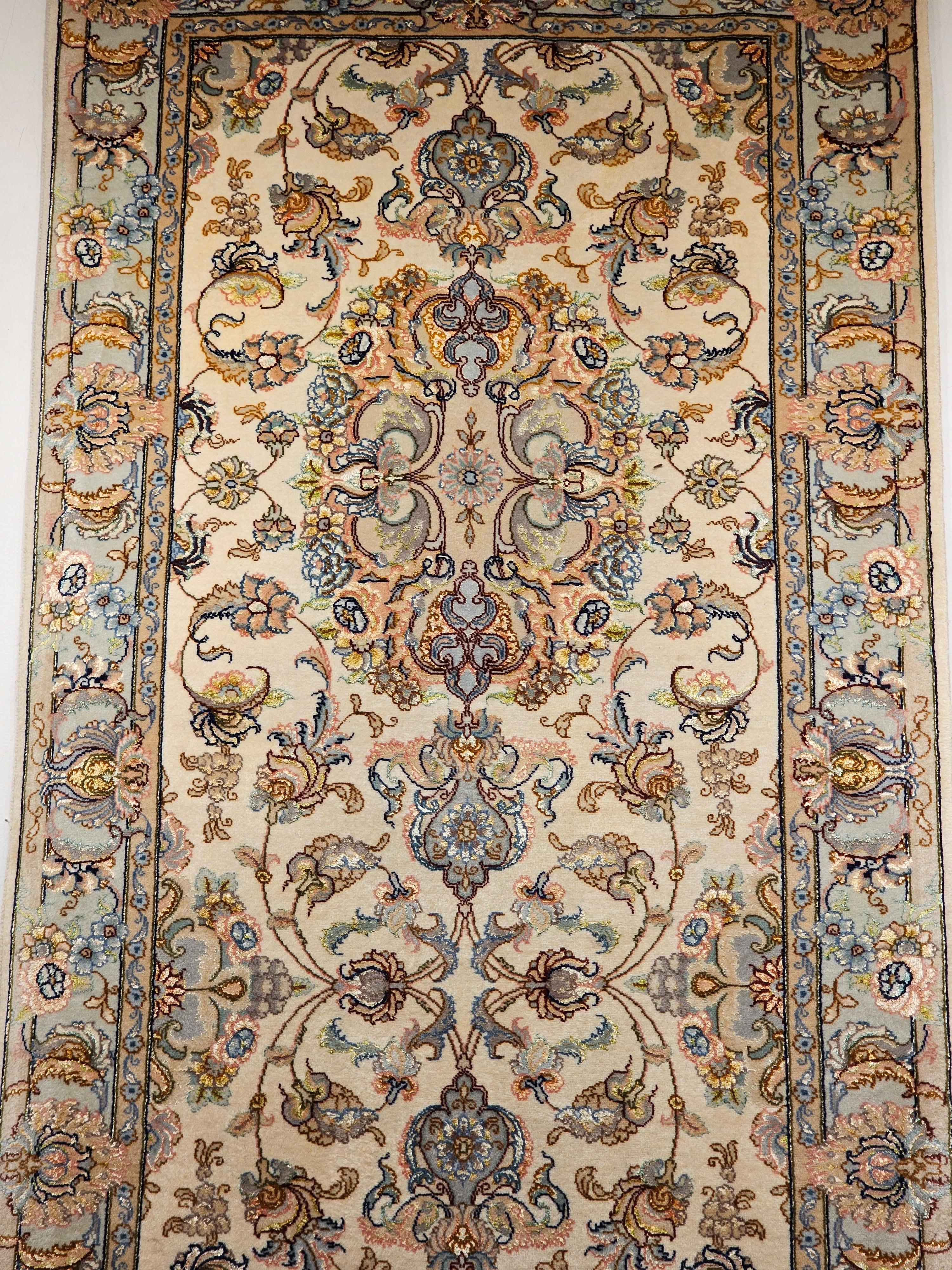 Late 20th Century Persian Tabriz Runner in Medallion Floral Pattern in Ivory, Pale Blue, and Sage For Sale