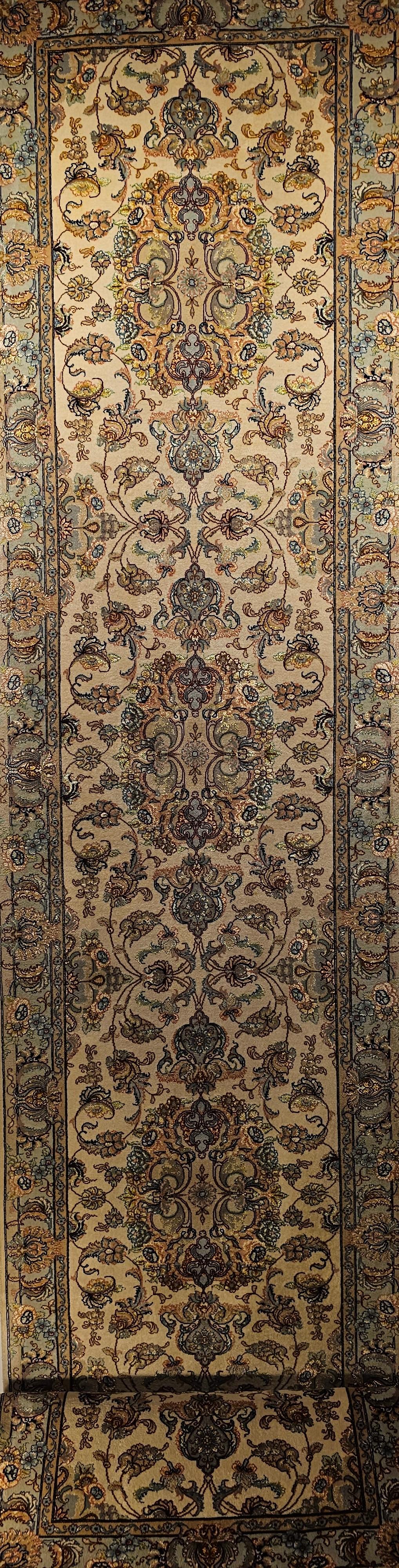 Persian Tabriz Runner in Medallion Floral Pattern in Ivory, Pale Blue, and Sage For Sale
