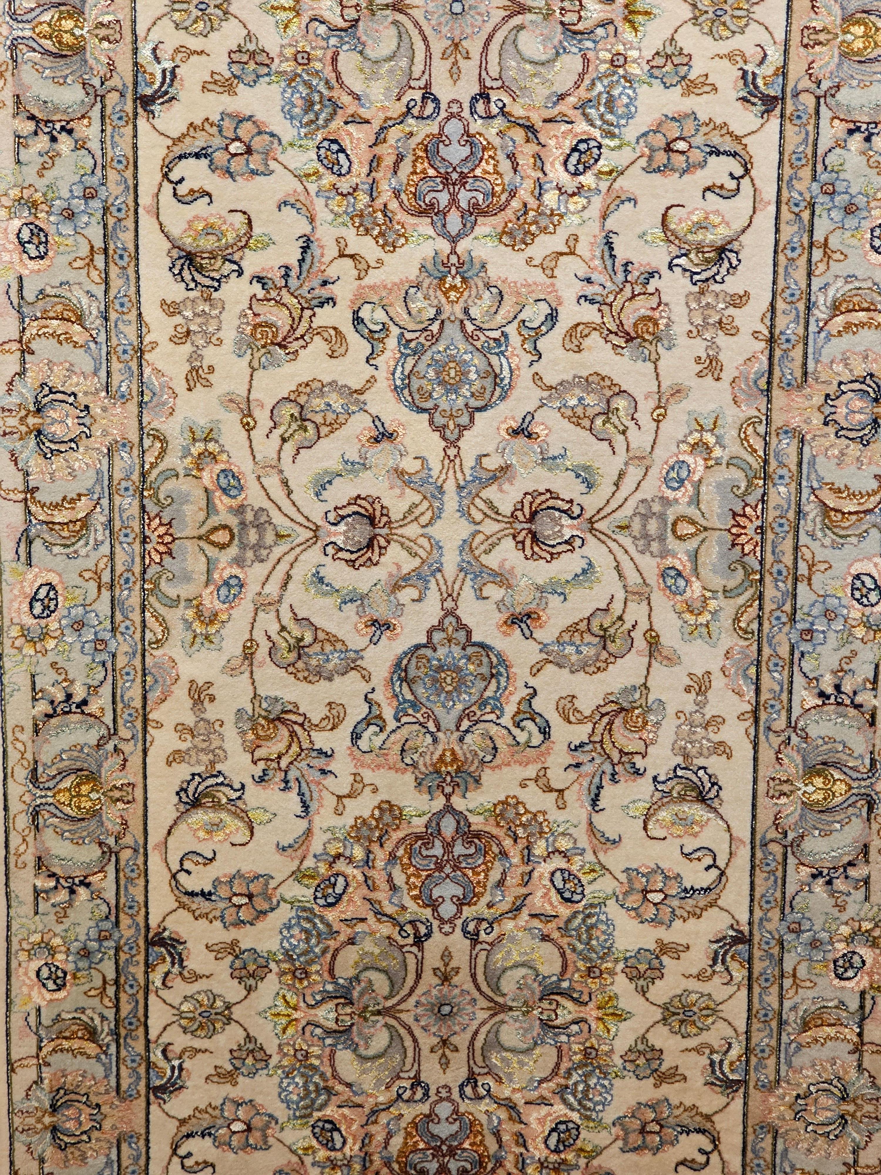 Hand-Knotted Persian Tabriz Runner in Medallion Floral Pattern in Ivory, Pale Blue, and Sage For Sale