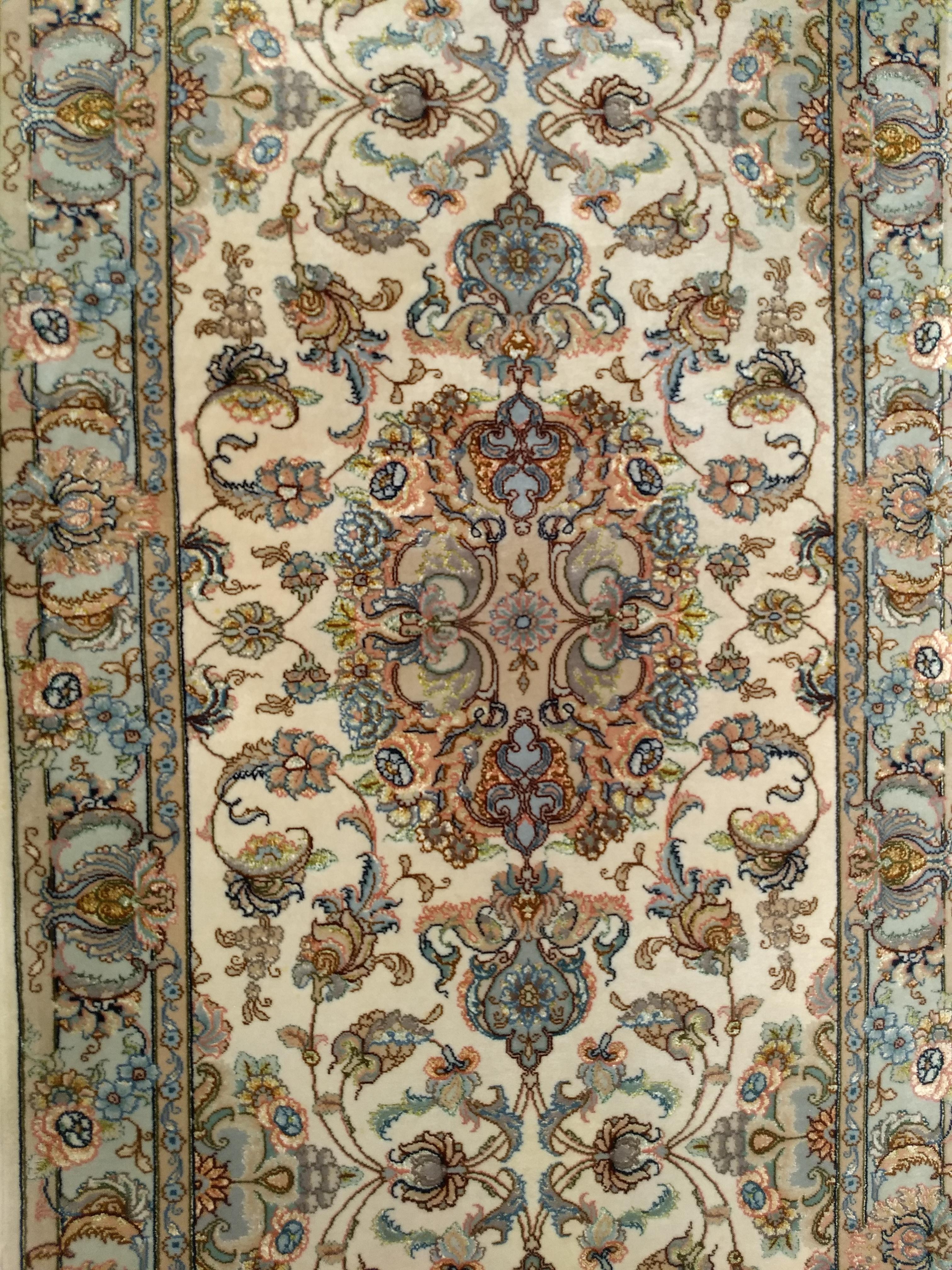 Silk Persian Tabriz Runner in Medallion Floral Pattern in Ivory, Pale Blue, and Sage For Sale