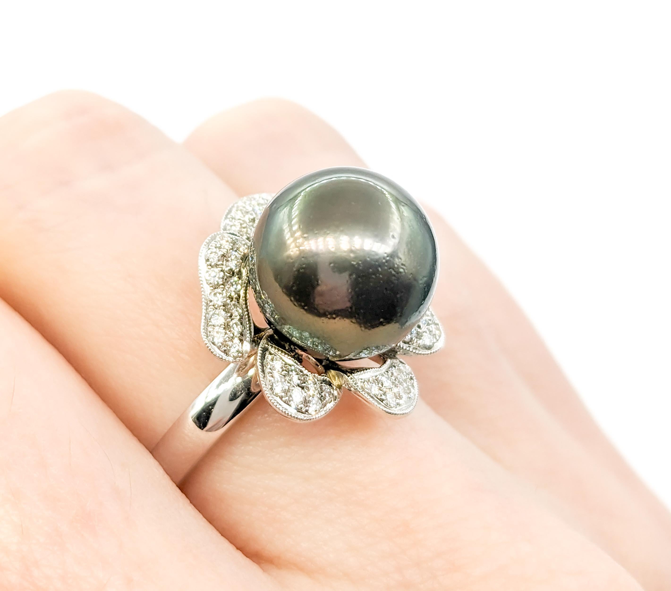 Floral Tahiti-Perlen- und Diamant-Kleidring - 18K Weißgold (Rundschliff)