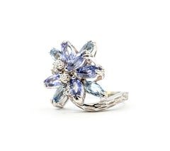 Floral Tanzanite, Aquamarine & Diamond Ring in 14k White Gold