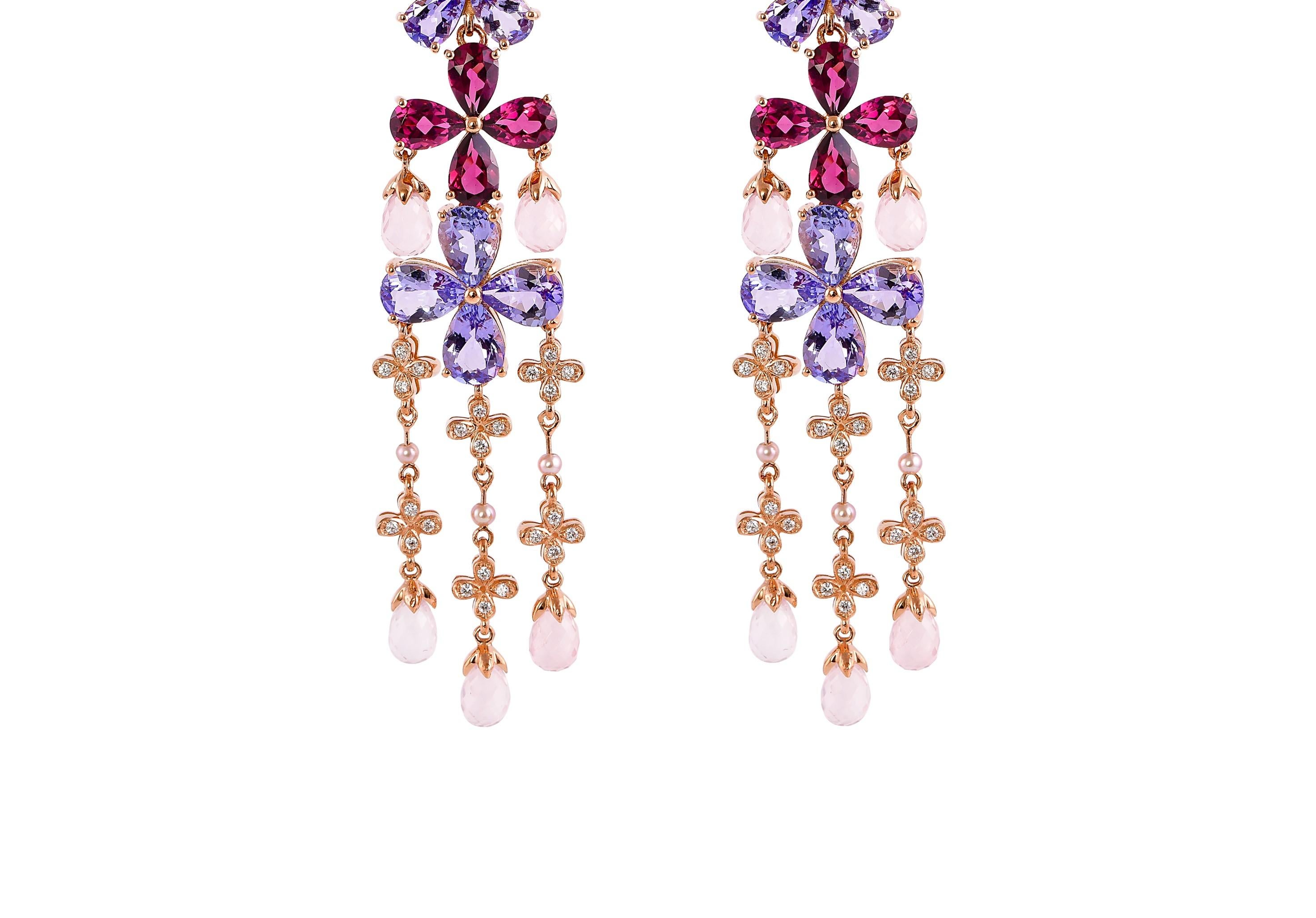 Contemporary Floral Tanzanite, Rhodolite, Rose Quartz & Diamond Earring in 18 Karat Rose Gold For Sale
