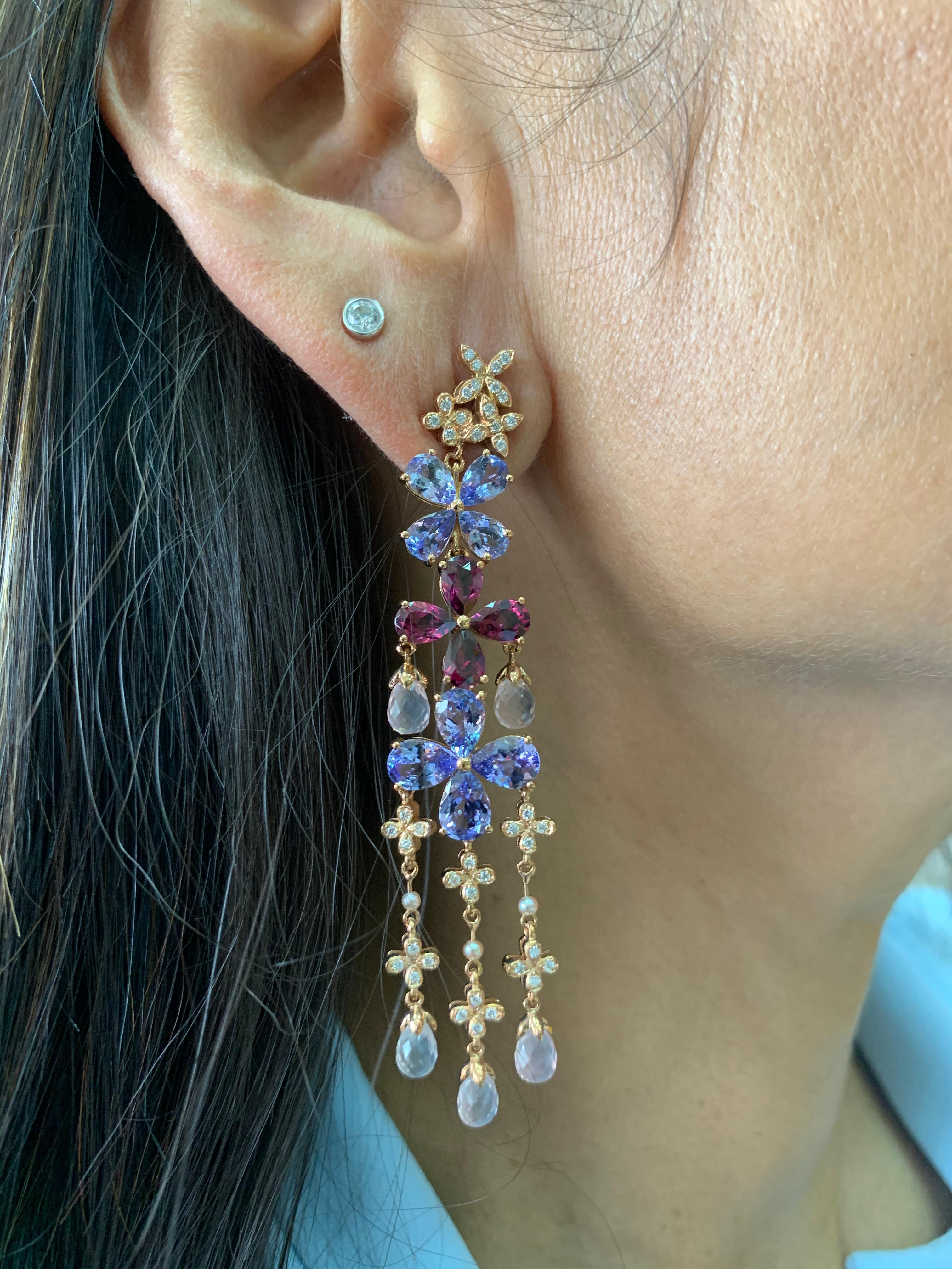 Floral Tanzanite, Rhodolite, Rose Quartz & Diamond Earring in 18 Karat Rose Gold In New Condition For Sale In Hong Kong, HK