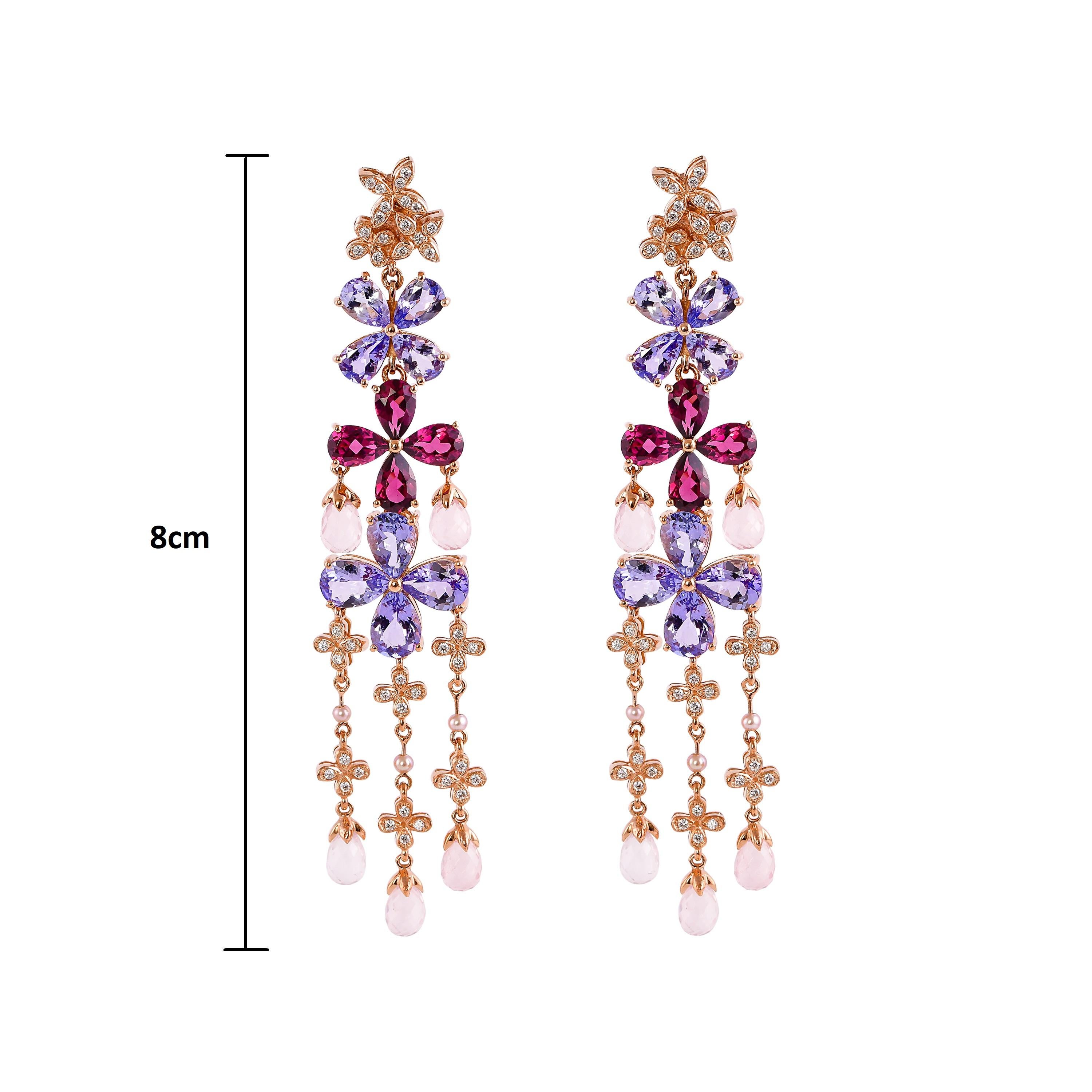 Women's Floral Tanzanite, Rhodolite, Rose Quartz & Diamond Earring in 18 Karat Rose Gold For Sale