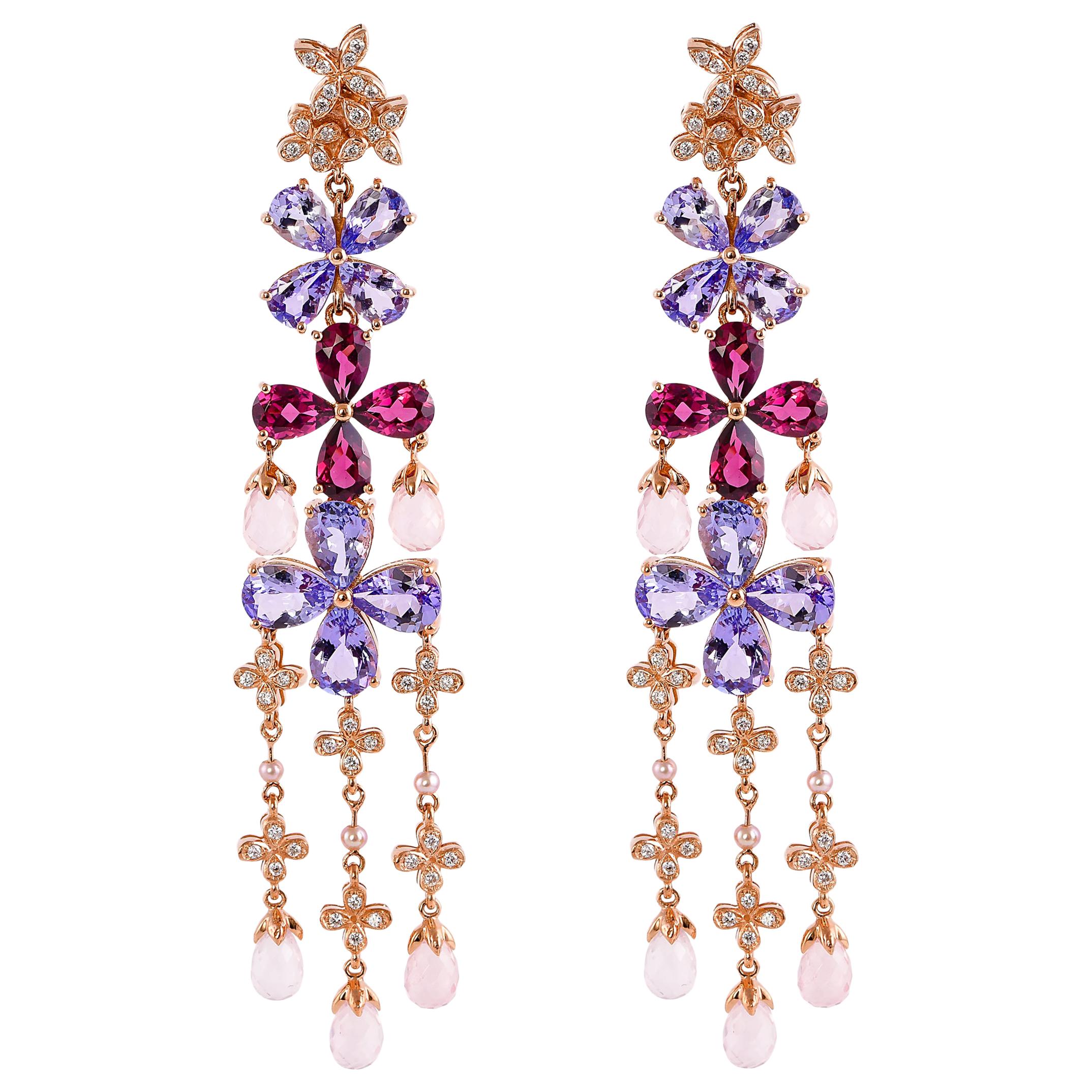 Boucles d'oreilles en or rose 18 carats avec tanzanite florale, rhodolite, quartz rose et diamants