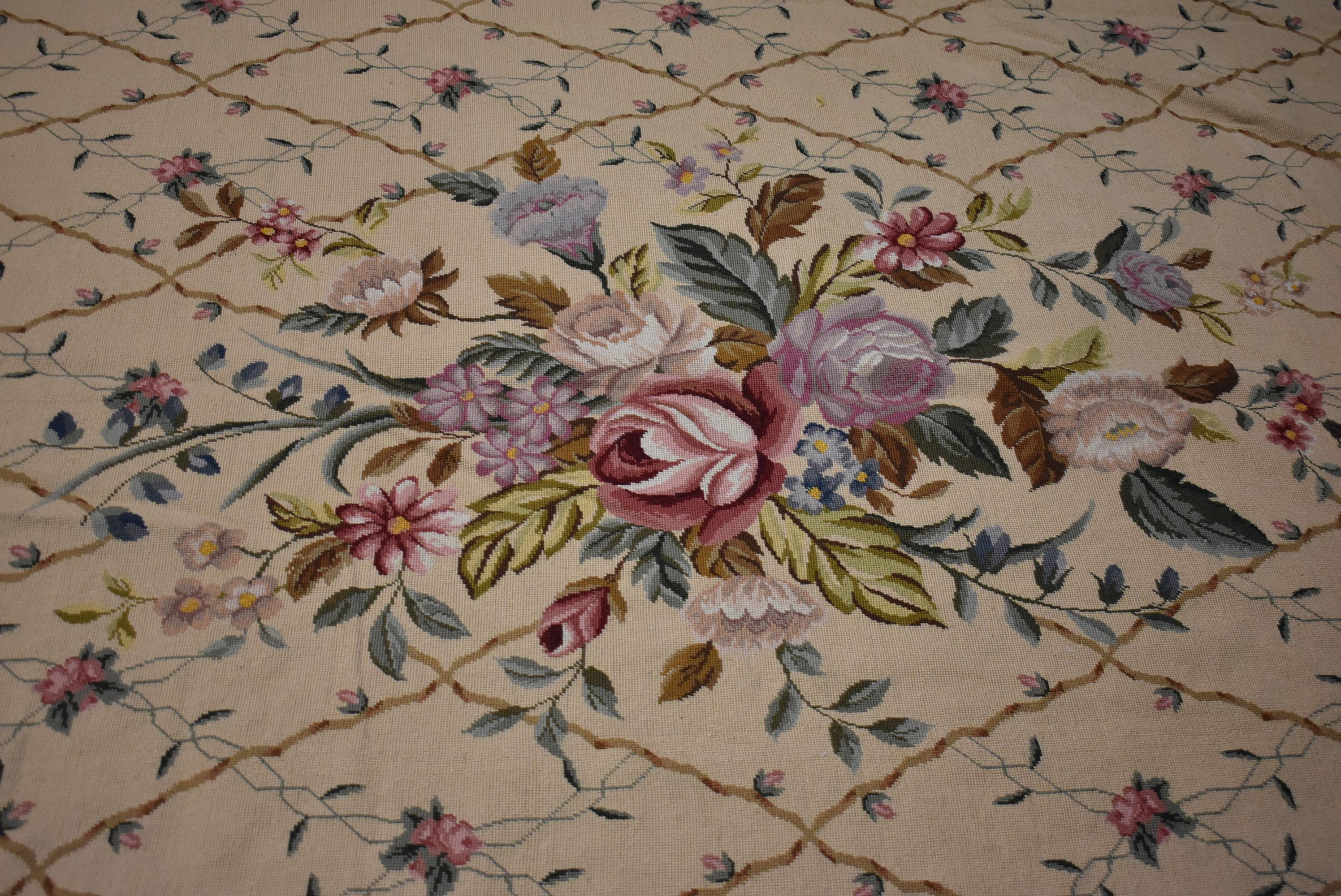 Floral Tapestry Rug Roses Lattice Aubusson, Beauvais Style, 8'6