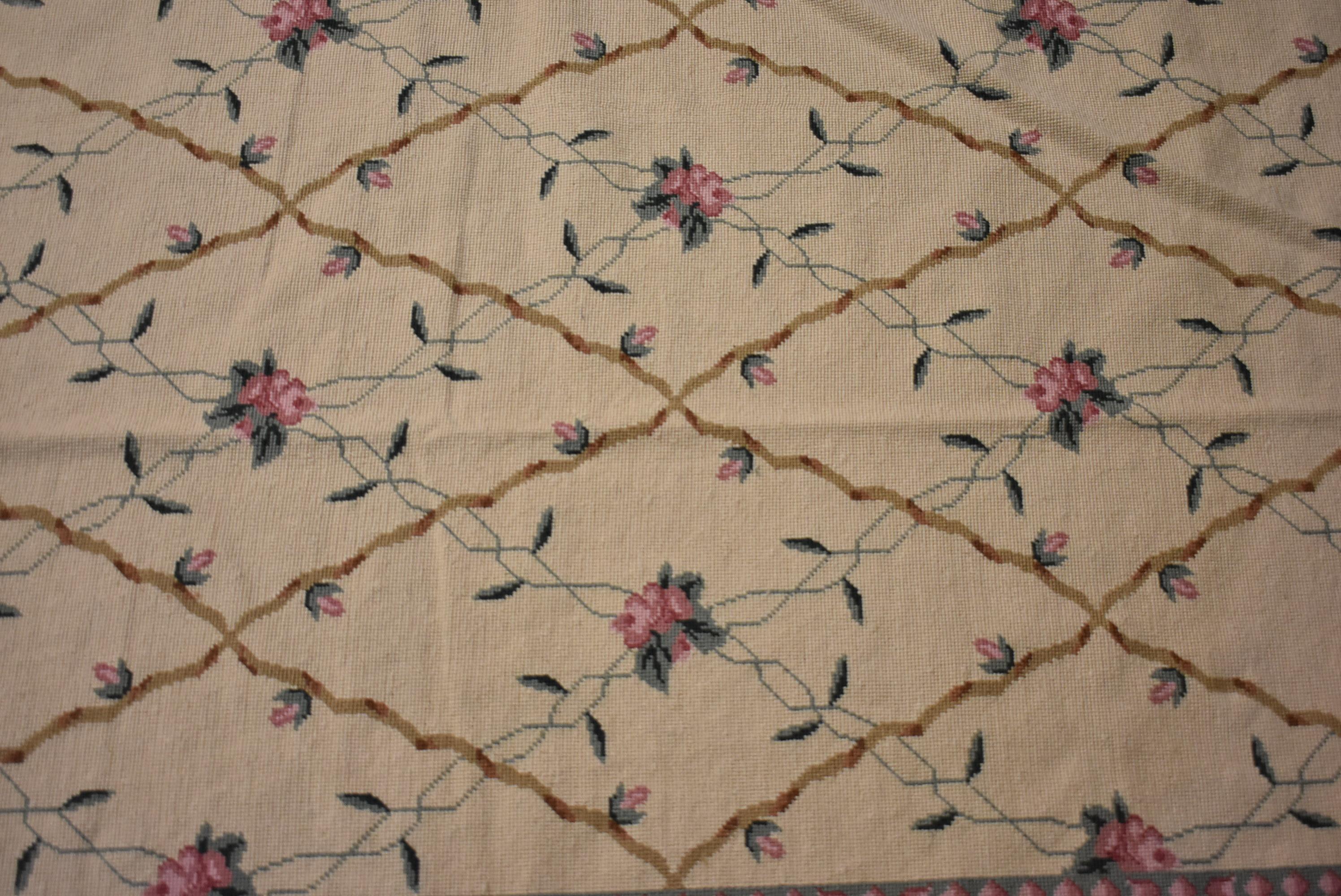 20th Century Floral Tapestry Rug Roses Lattice Aubusson, Beauvais Style, 8'6