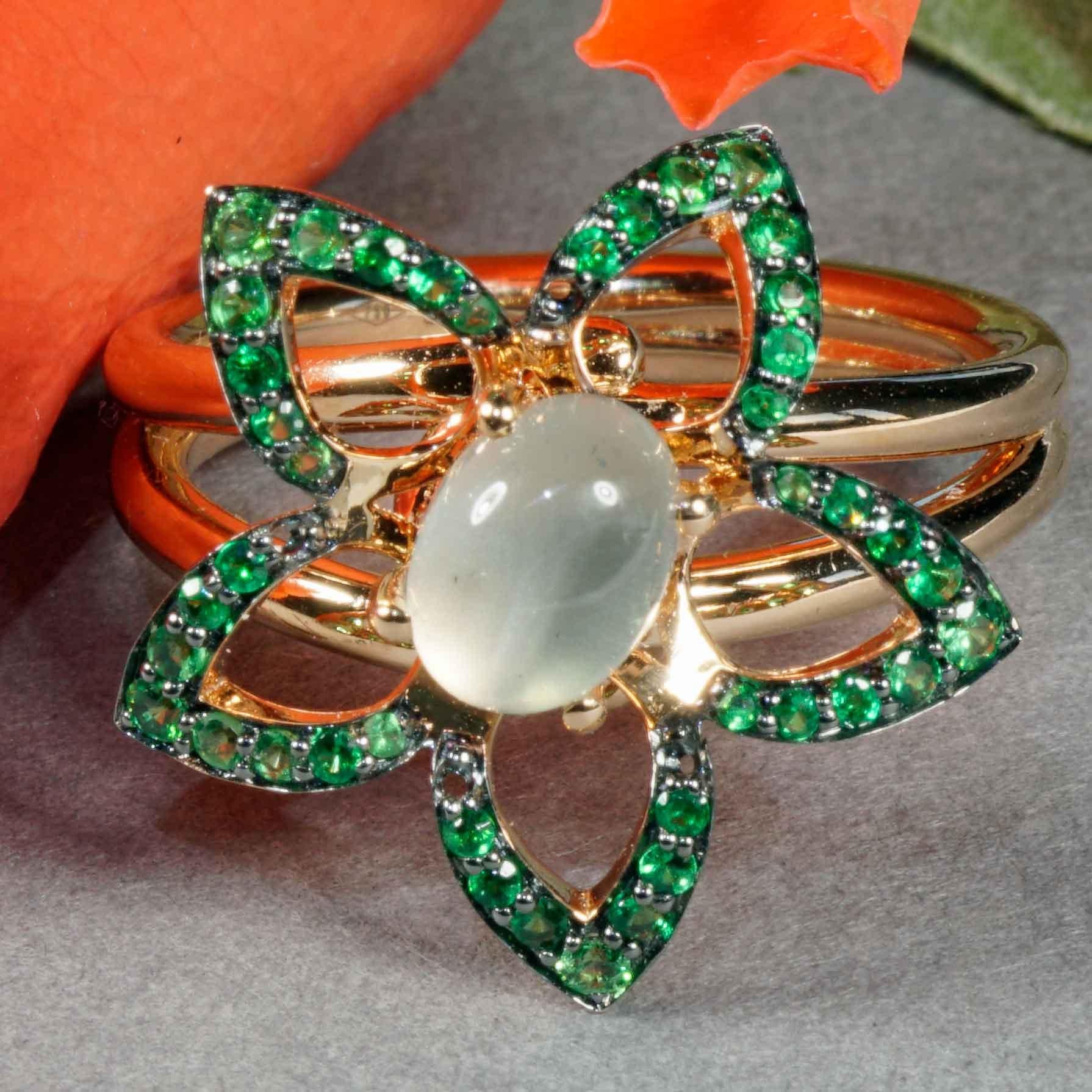 Floral Tsavorite Moonstone Ring fantastic Combination 21x19 mm handmade in Italy For Sale 5