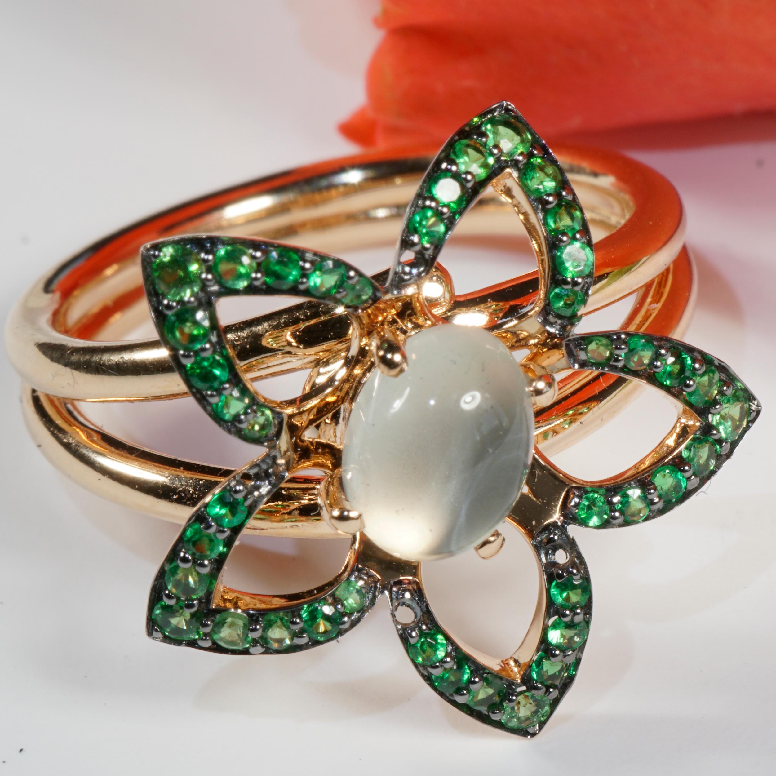 Floral Tsavorite Moonstone Ring fantastic Combination 21x19 mm handmade in Italy For Sale 2