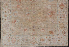 Floral Turkish Angora Oushak with Sandy-Taupe Background and Cream Border
