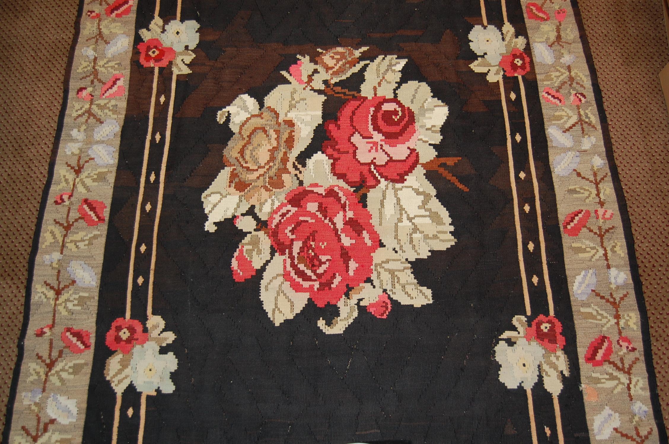 Hand-Knotted Floral Turkish Kilim Area Rug with Bessarabian Rose Design, circa 1910; SALE