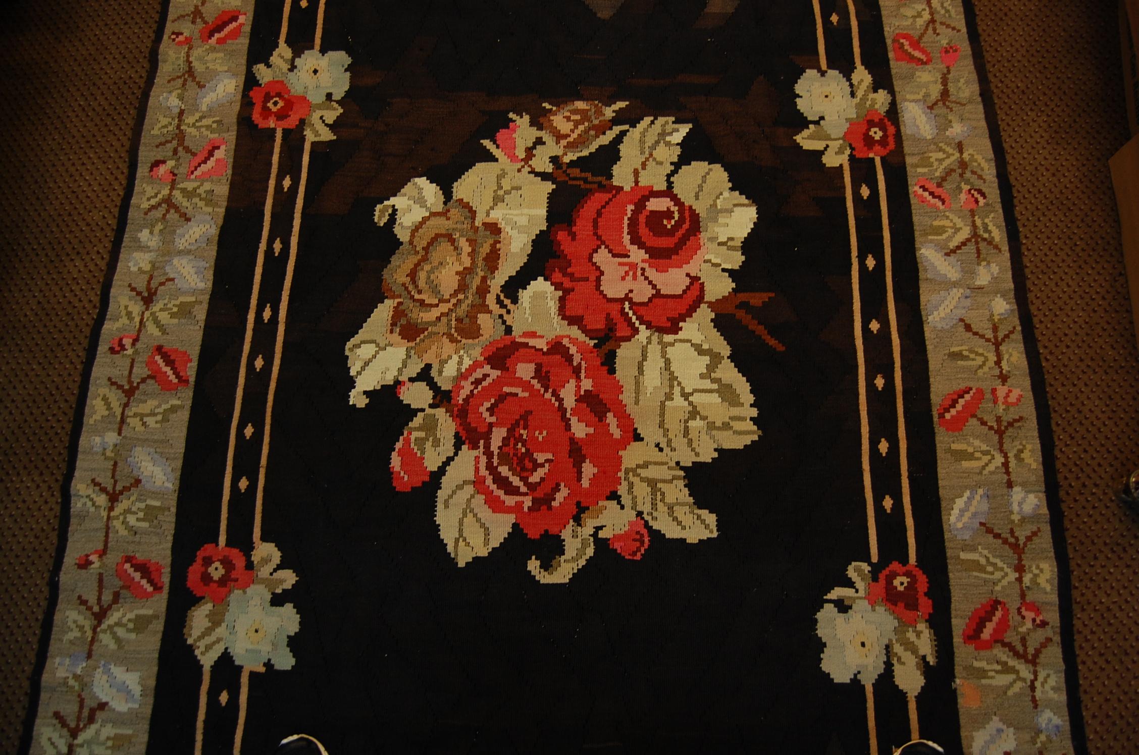 Early 20th Century Floral Turkish Kilim Area Rug with Bessarabian Rose Design, circa 1910; SALE
