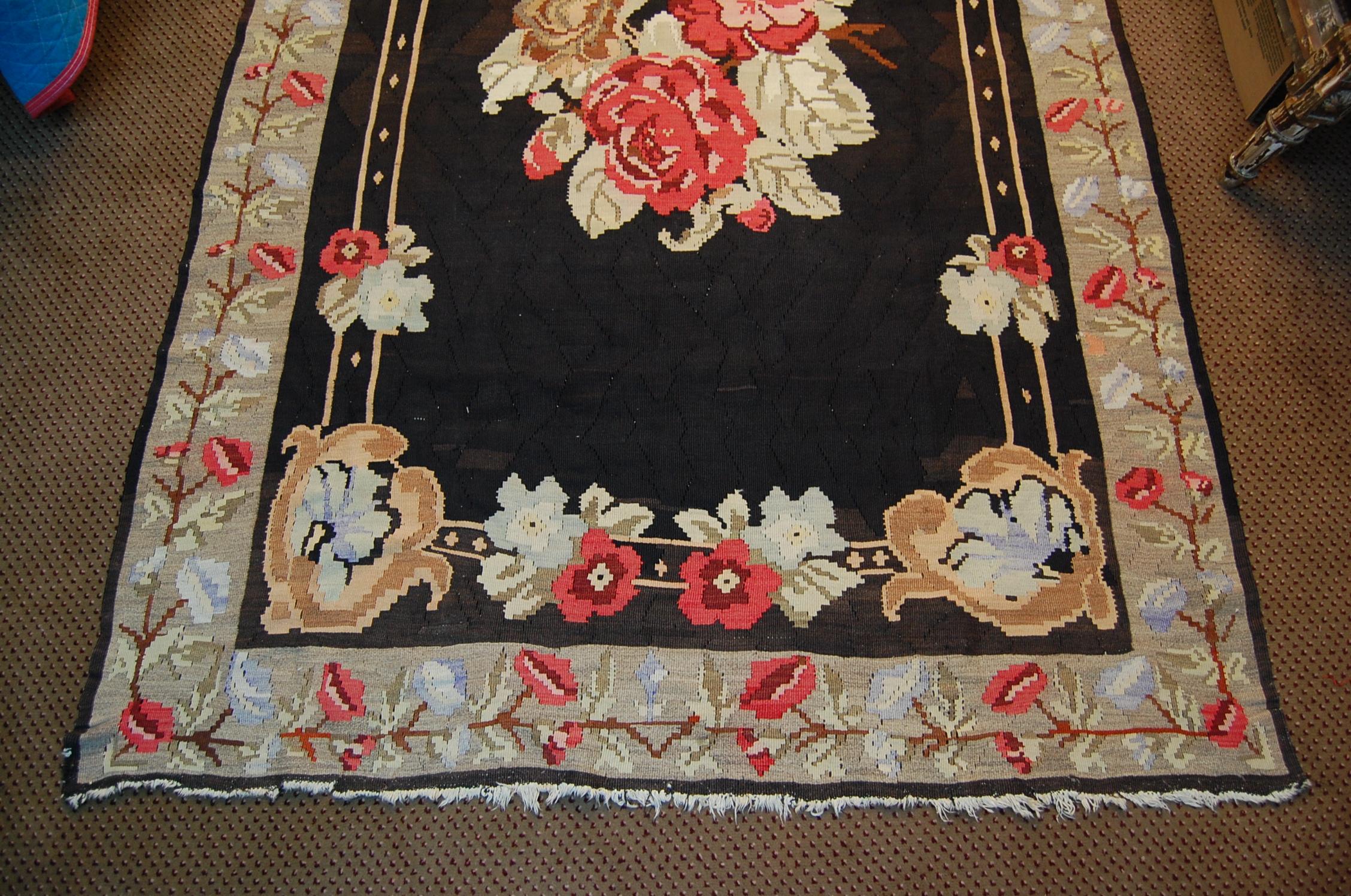 Wool Floral Turkish Kilim Area Rug with Bessarabian Rose Design, circa 1910; SALE