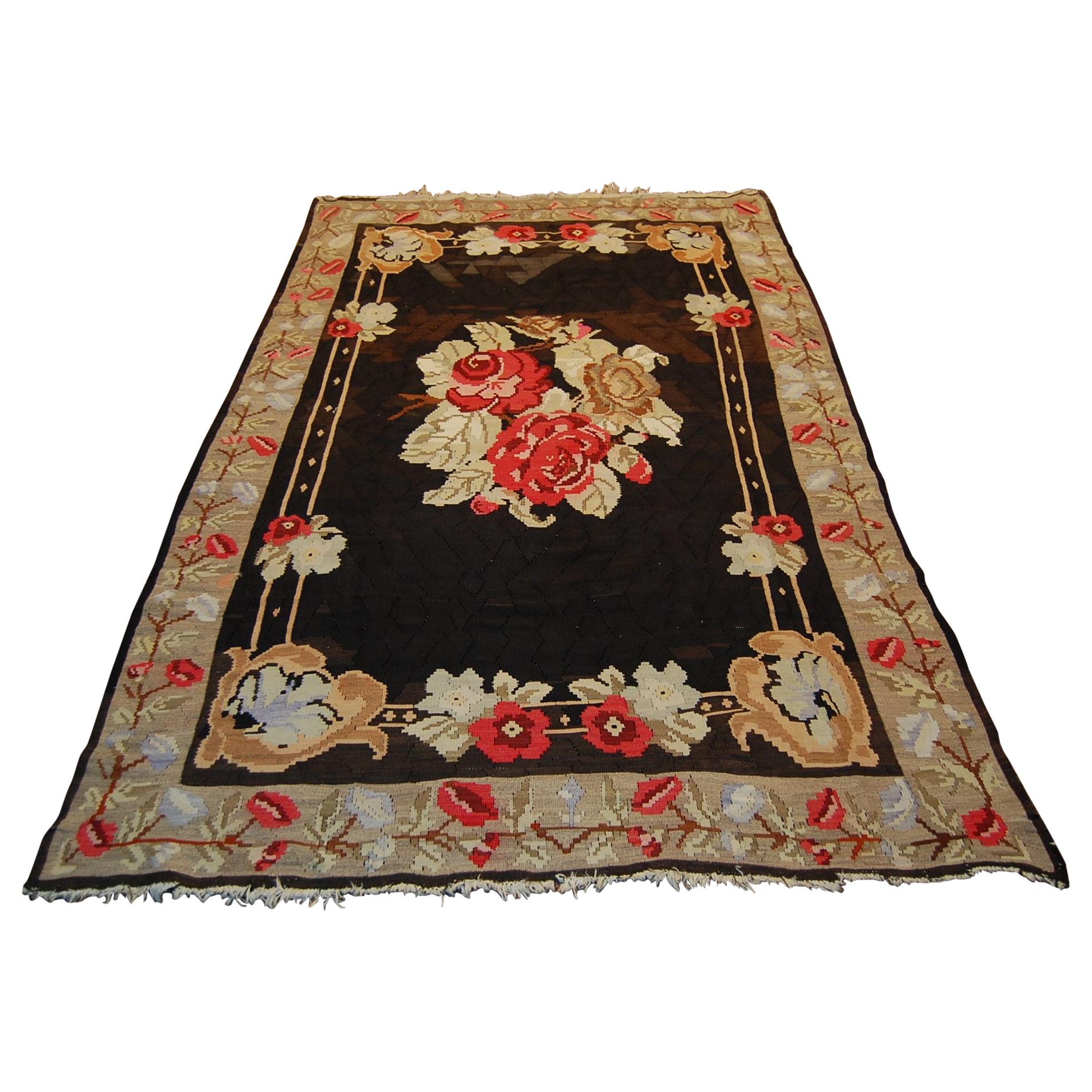 Floral Turkish Kilim Area Rug with Bessarabian Rose Design, circa 1910; SALE