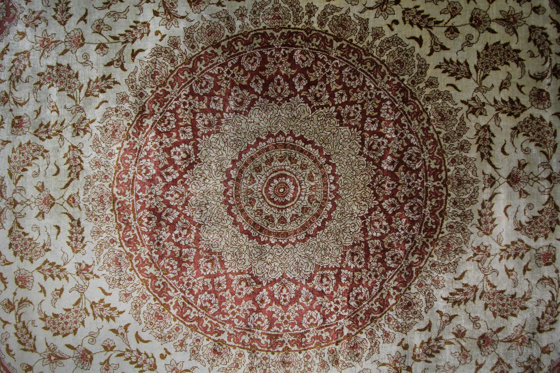 Hand-Crafted Floral Turkish Rug, Handmade Carpet Oriental Brown Silk Rug For Sale