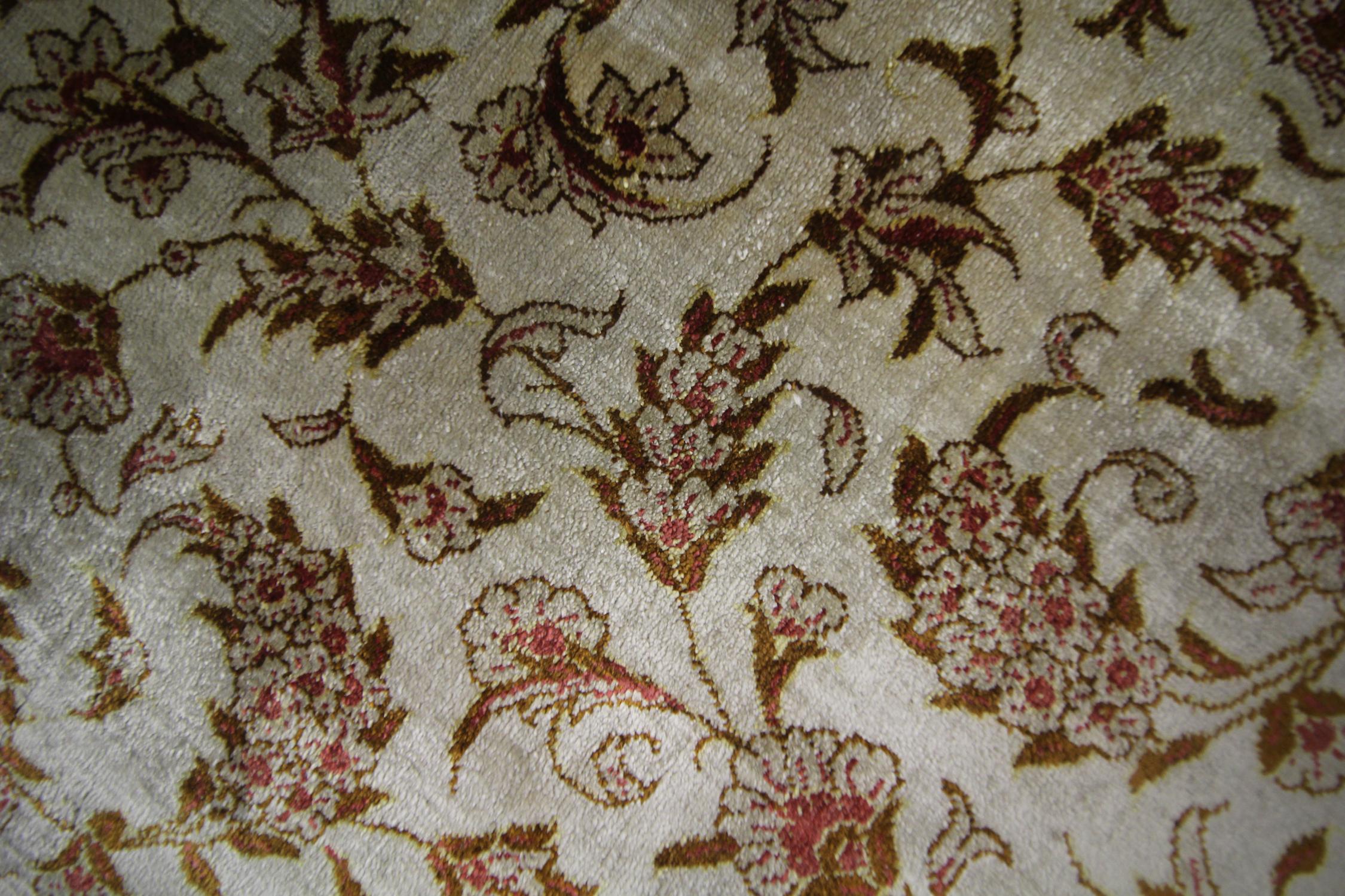 Late 20th Century Floral Turkish Rug, Handmade Carpet Oriental Brown Silk Rug For Sale