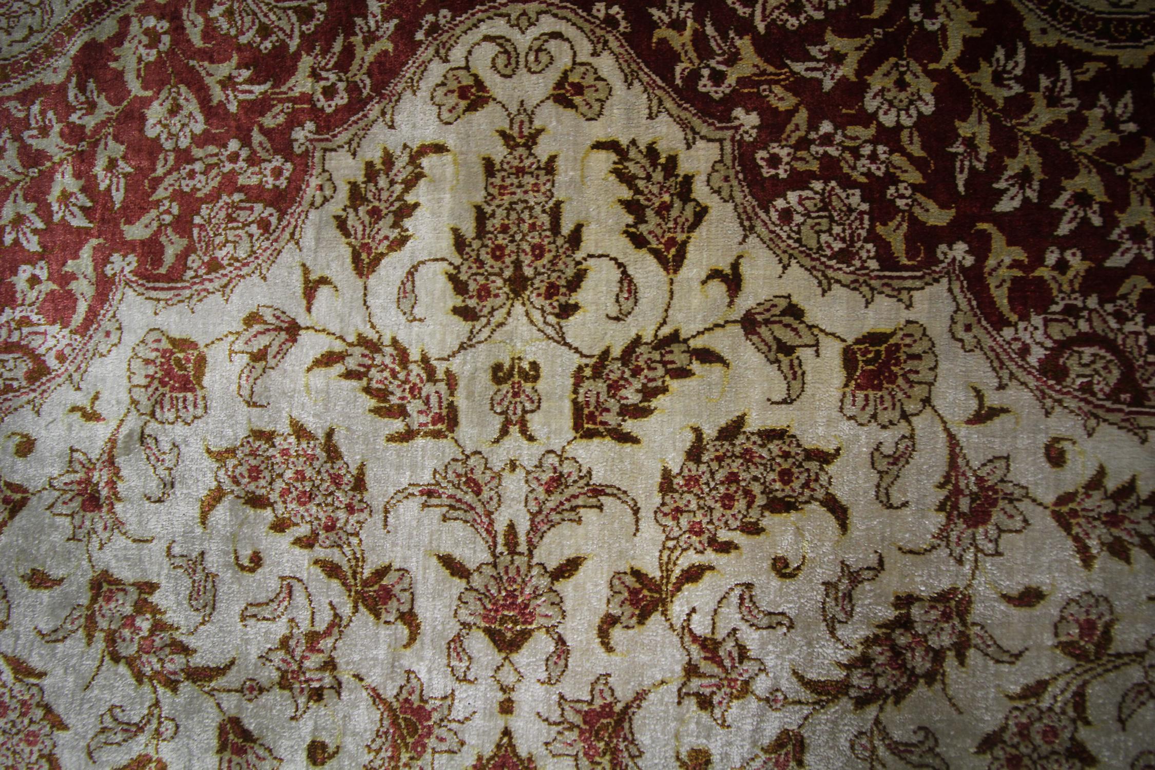 Natural Fiber Floral Turkish Rug, Handmade Carpet Oriental Brown Silk Rug For Sale