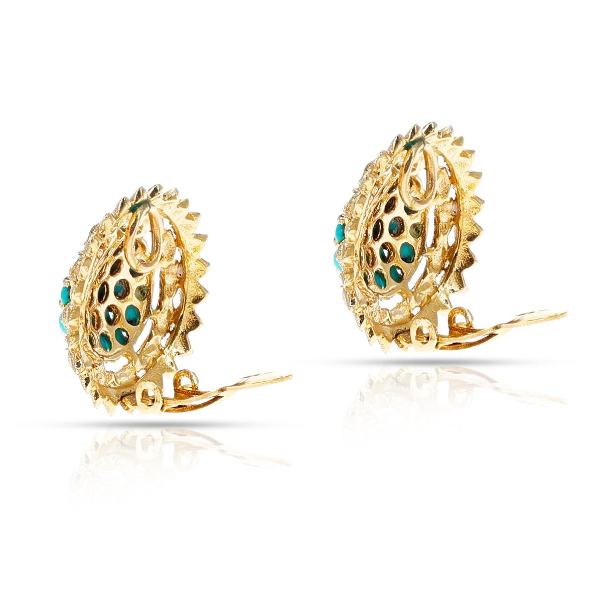 Women's or Men's Floral Turquoise Cabochon Cluster Earrings, 14k For Sale