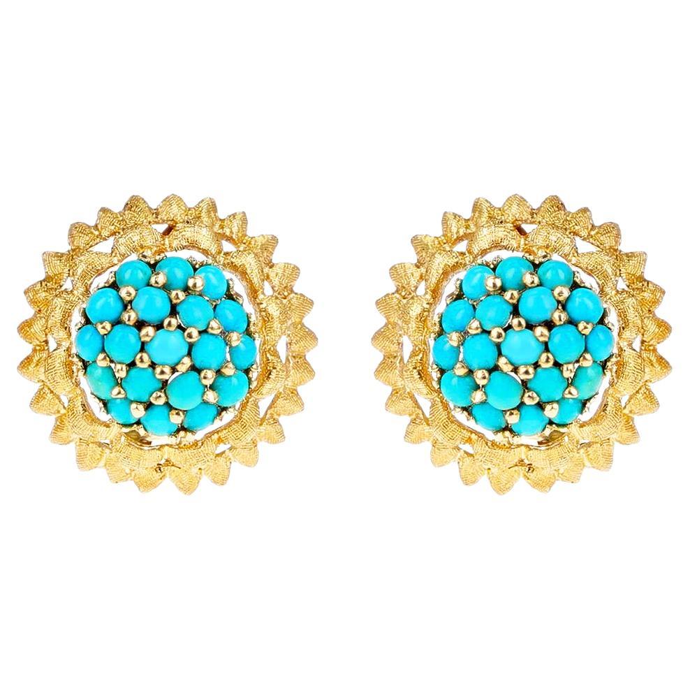 Floral Turquoise Cabochon Cluster Earrings, 14k For Sale