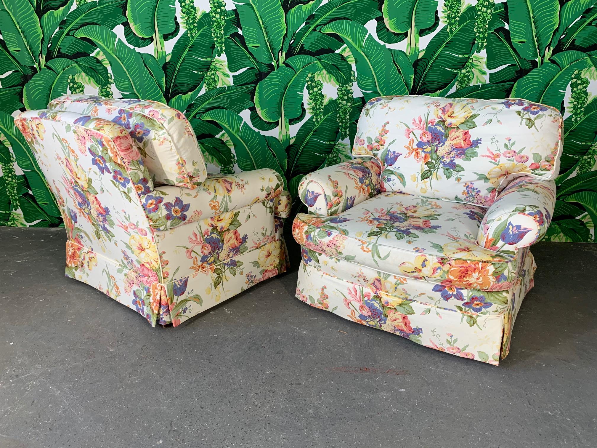 Cheery pair of floral upholstered club chairs by Henredon for Ralph Lauren. Down filled cushions make these chairs ultra comfortable. Very good condition, with no rips or stains.