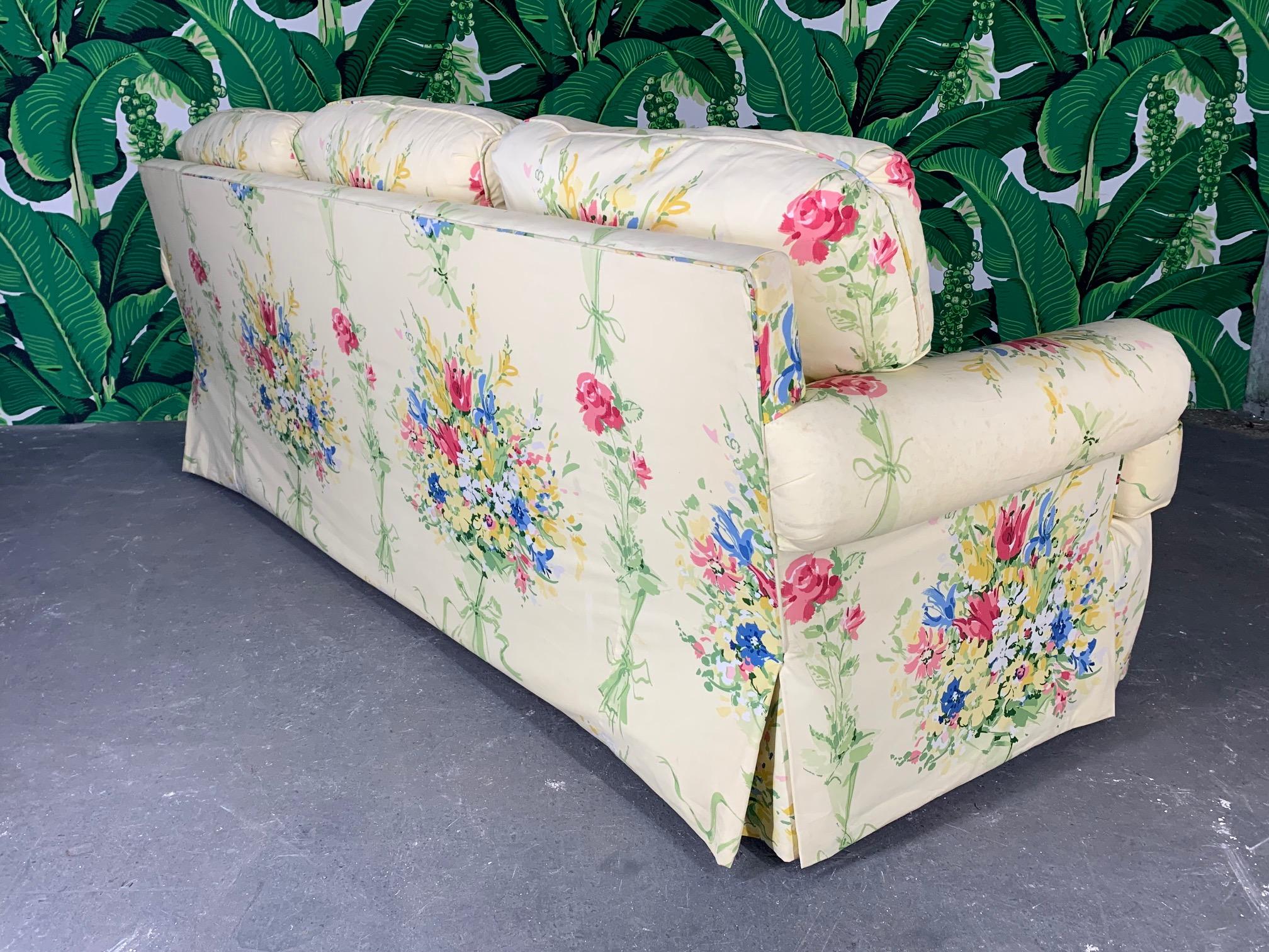 Fabulous floral print sofa by Sherrill Furniture Company perfect for any Hollywood Regency decor. Extremely comfortable seating and statement-making looks. Very good vintage condition with no doors, rips, or obvious stains. There are some very