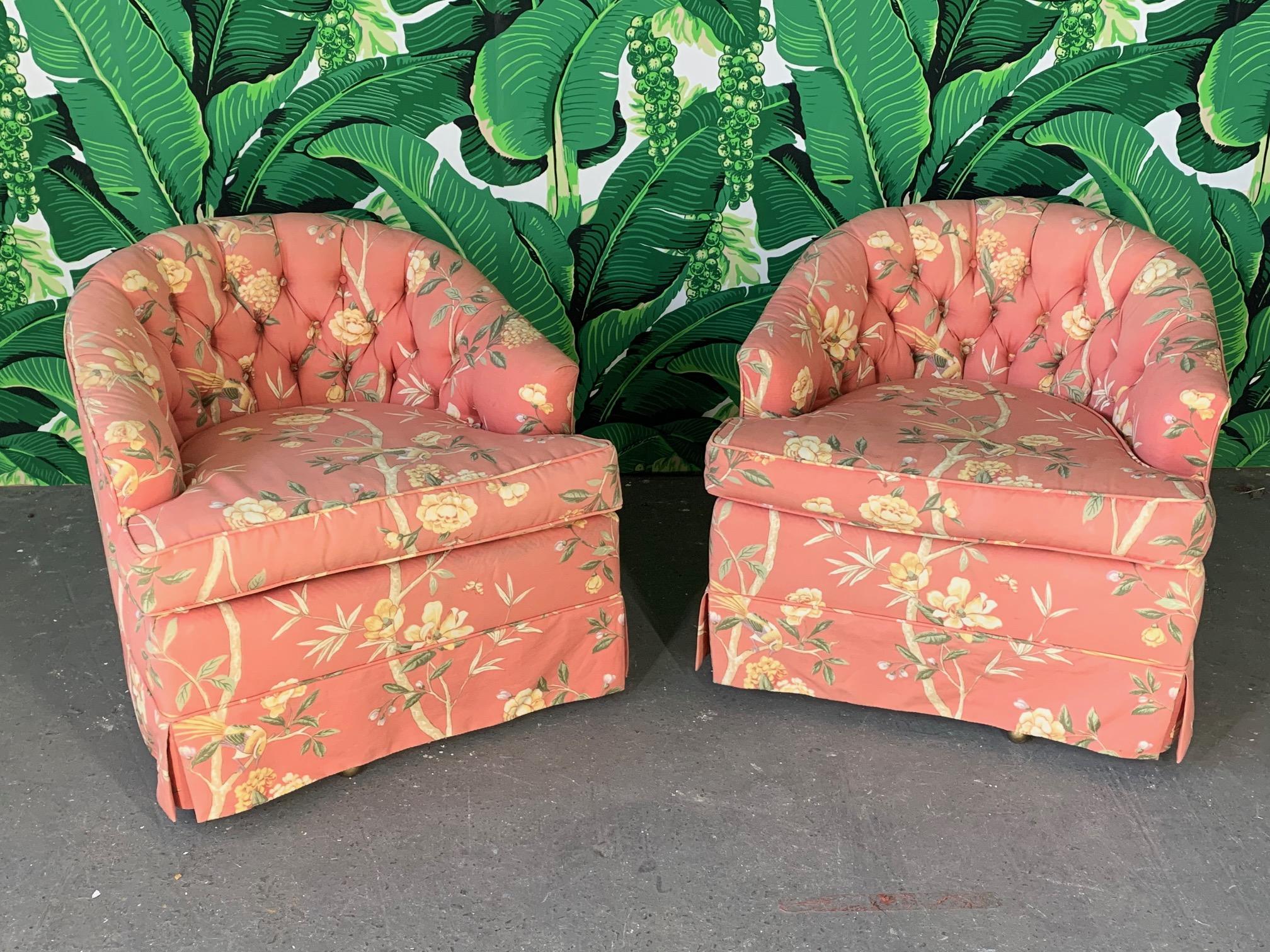 Late 20th Century Floral Upholstered Tufted Swivel Club Chairs, Set of 2
