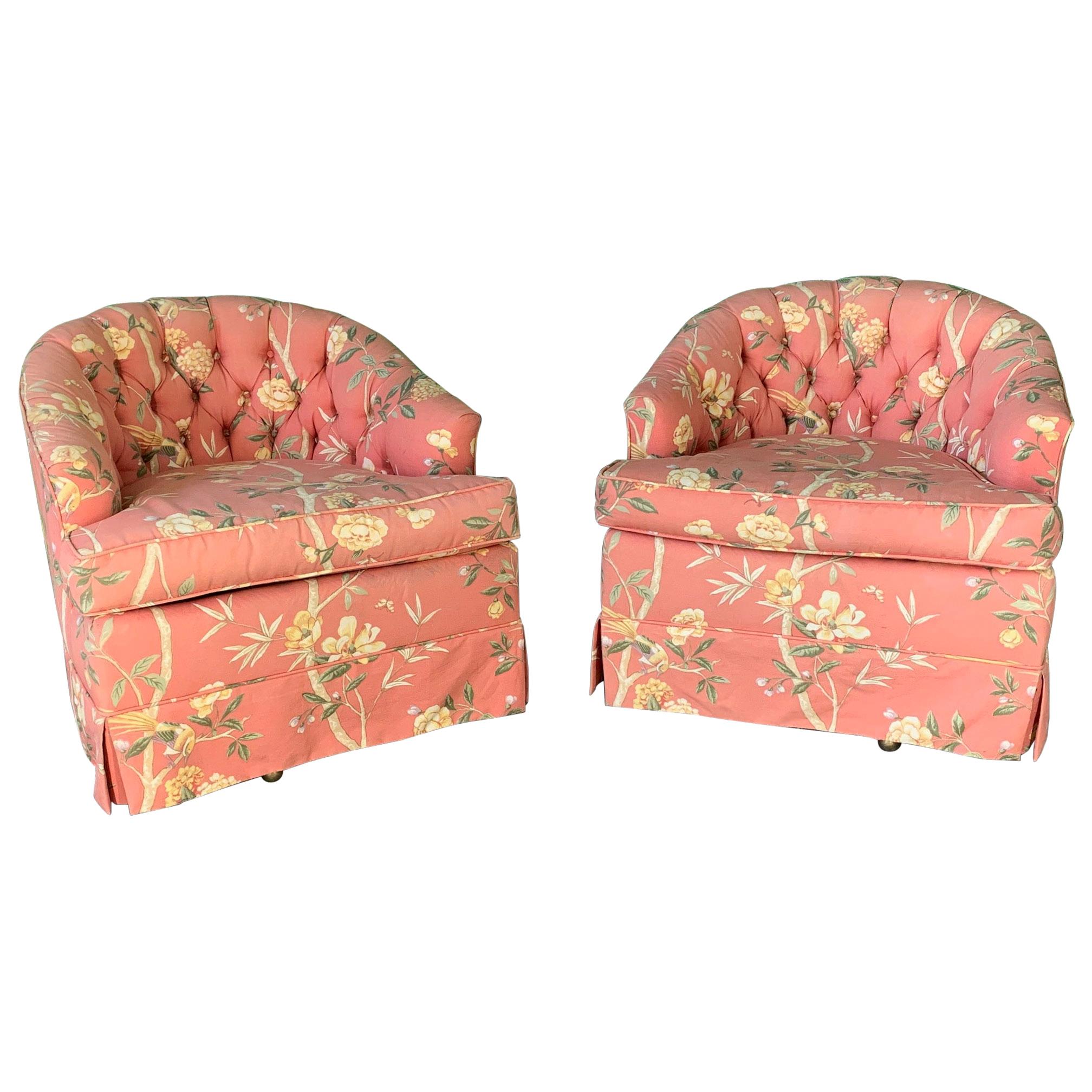 Floral Upholstered Tufted Swivel Club Chairs, Set of 2