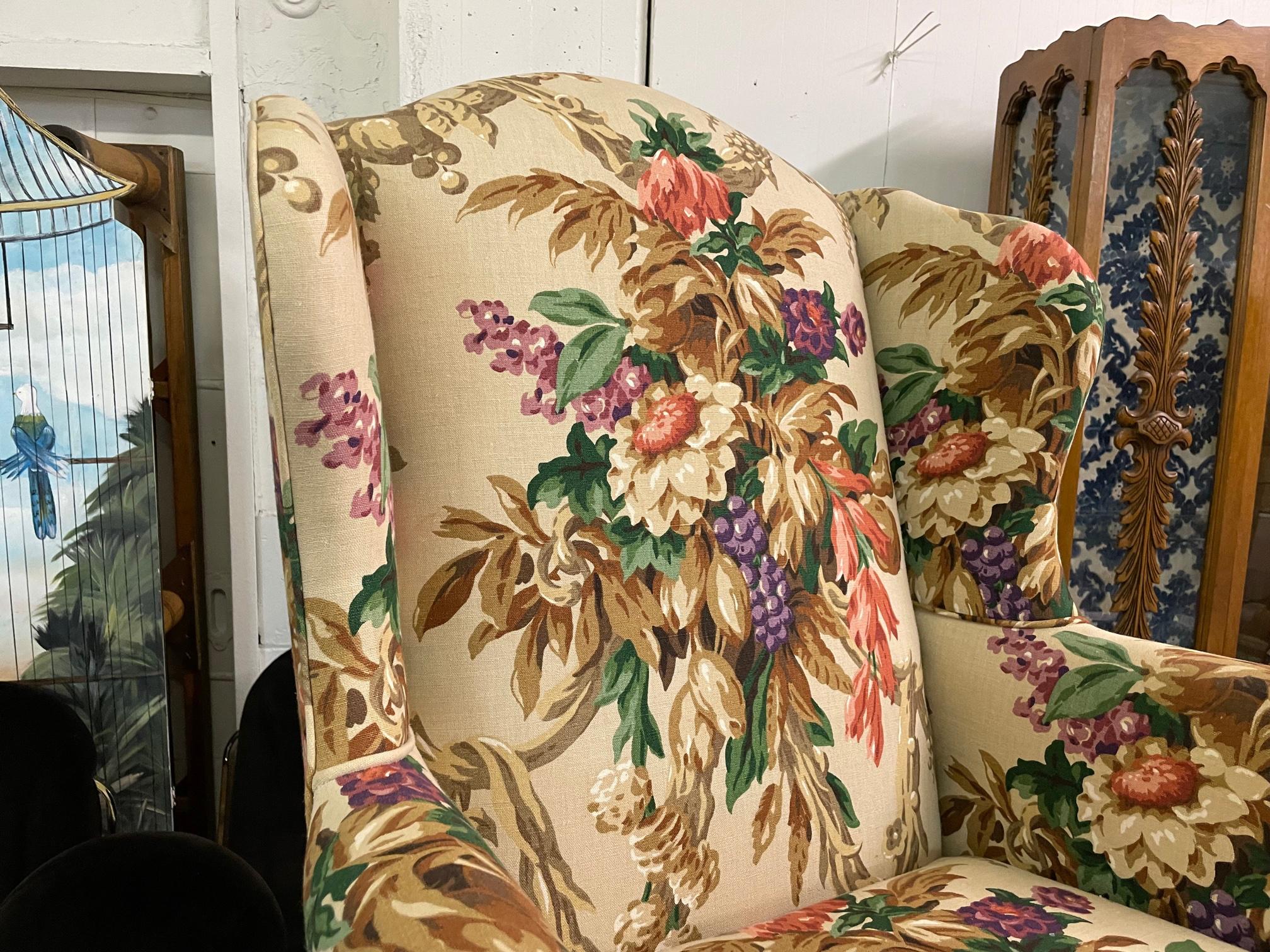 Hollywood Regency Floral Upholstered Wingback Chairs, a Pair