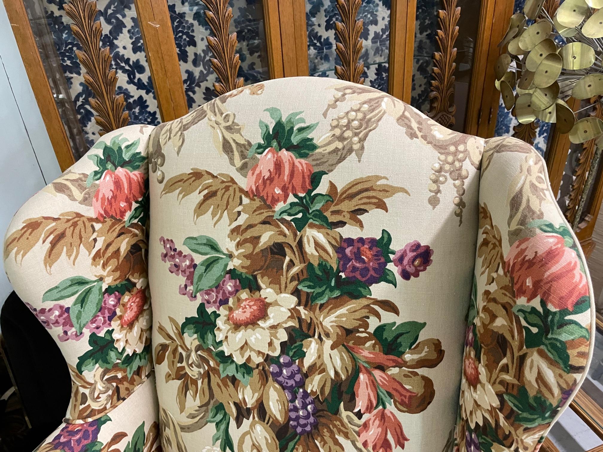 Hollywood Regency Floral Upholstered Wingback Chairs, A Pair