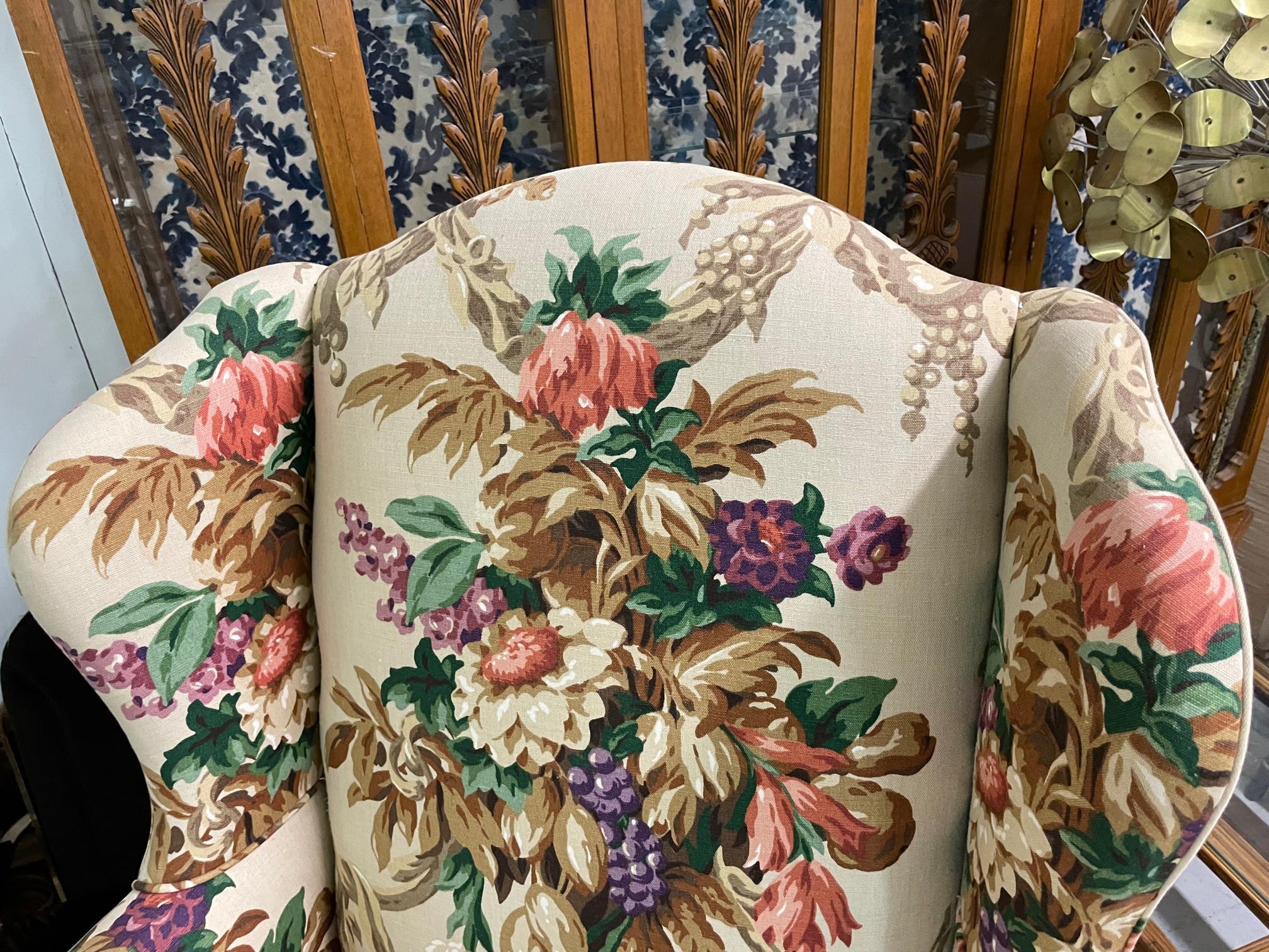 Floral Upholstered Wingback Chairs, a Pair In Good Condition In Jacksonville, FL