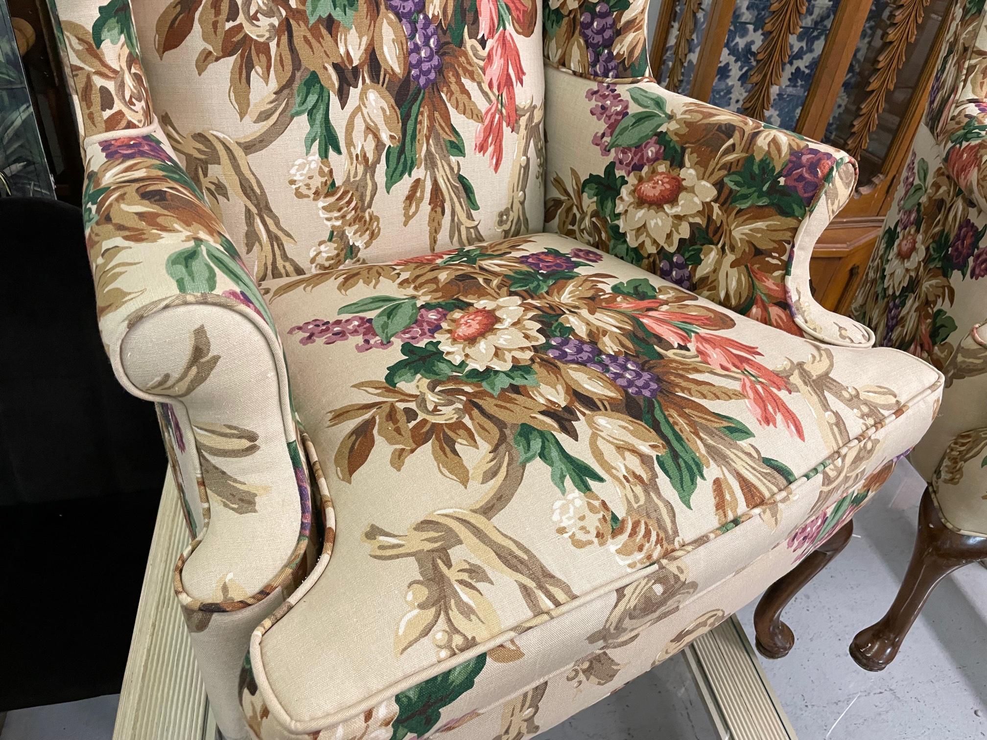 Late 20th Century Floral Upholstered Wingback Chairs, a Pair