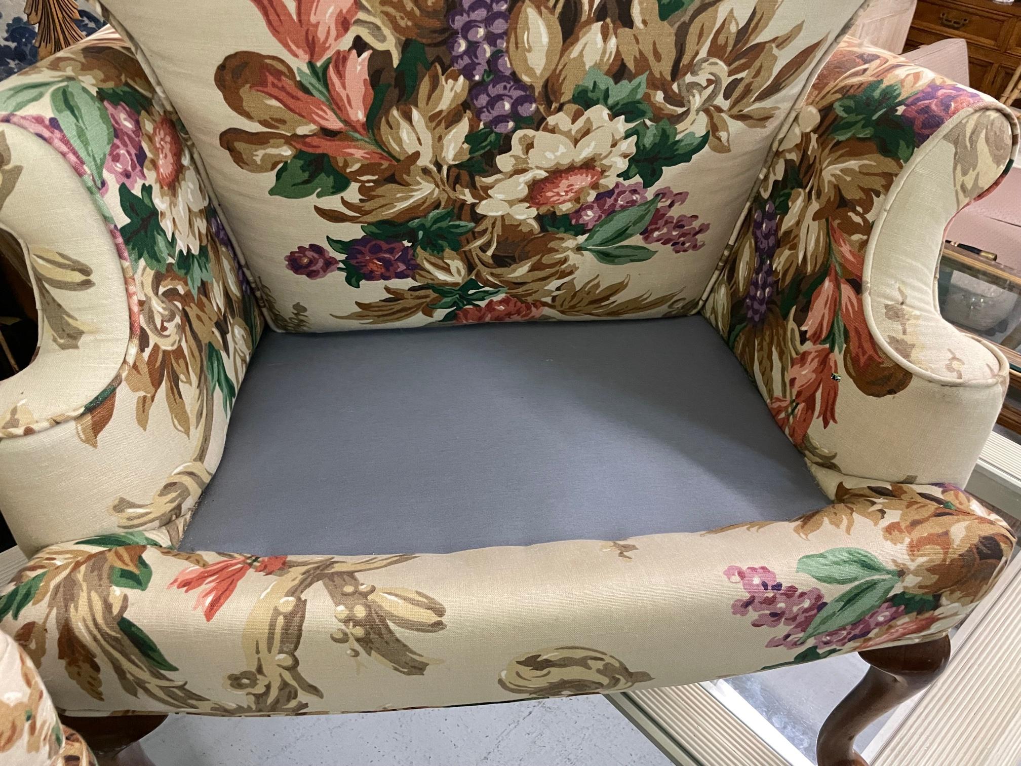 Late 20th Century Floral Upholstered Wingback Chairs, A Pair