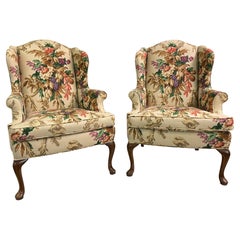 Floral Upholstered Wingback Chairs, A Pair